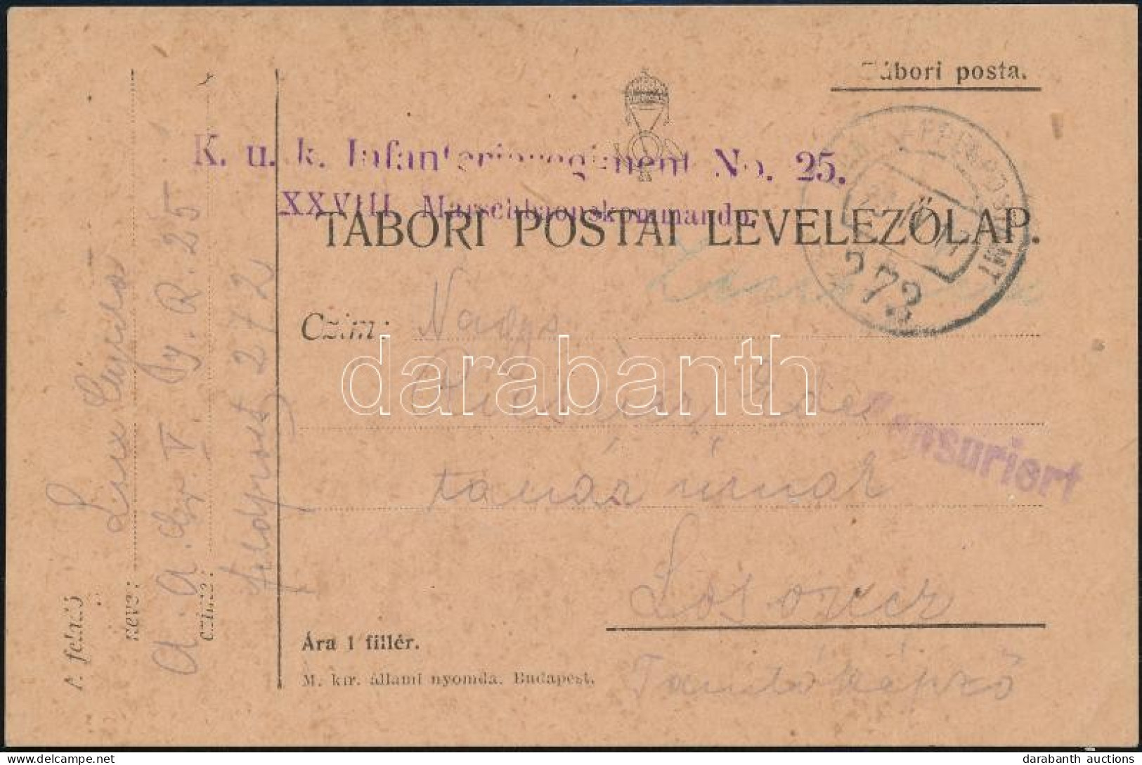 1917 Tábori Posta Levelezőlap "K.u.K. Infanterieregiment No.25." + "EP 273" - Altri & Non Classificati