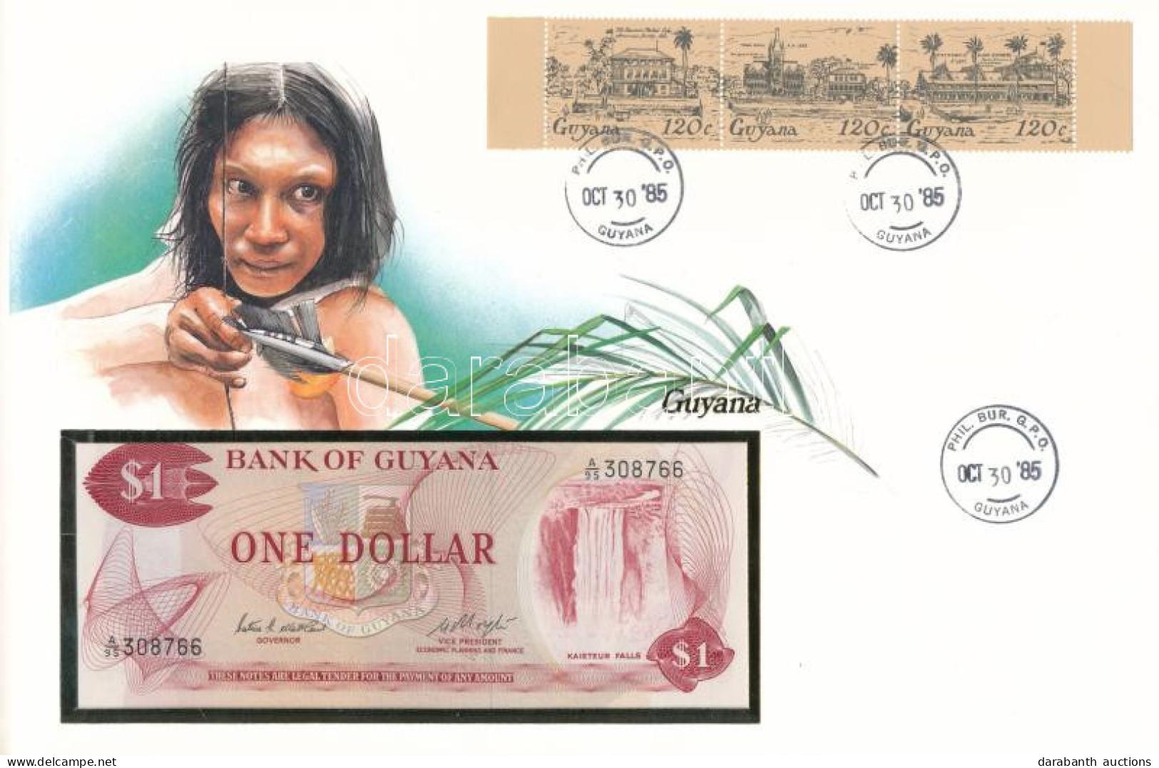 Guyana 1983. 1$ Felbélyegzett Bankjegyes Borítékban, Bélyegzéssel T:UNC Guyana 1983. 1 Dollar In Banknote Envelope With  - Ohne Zuordnung