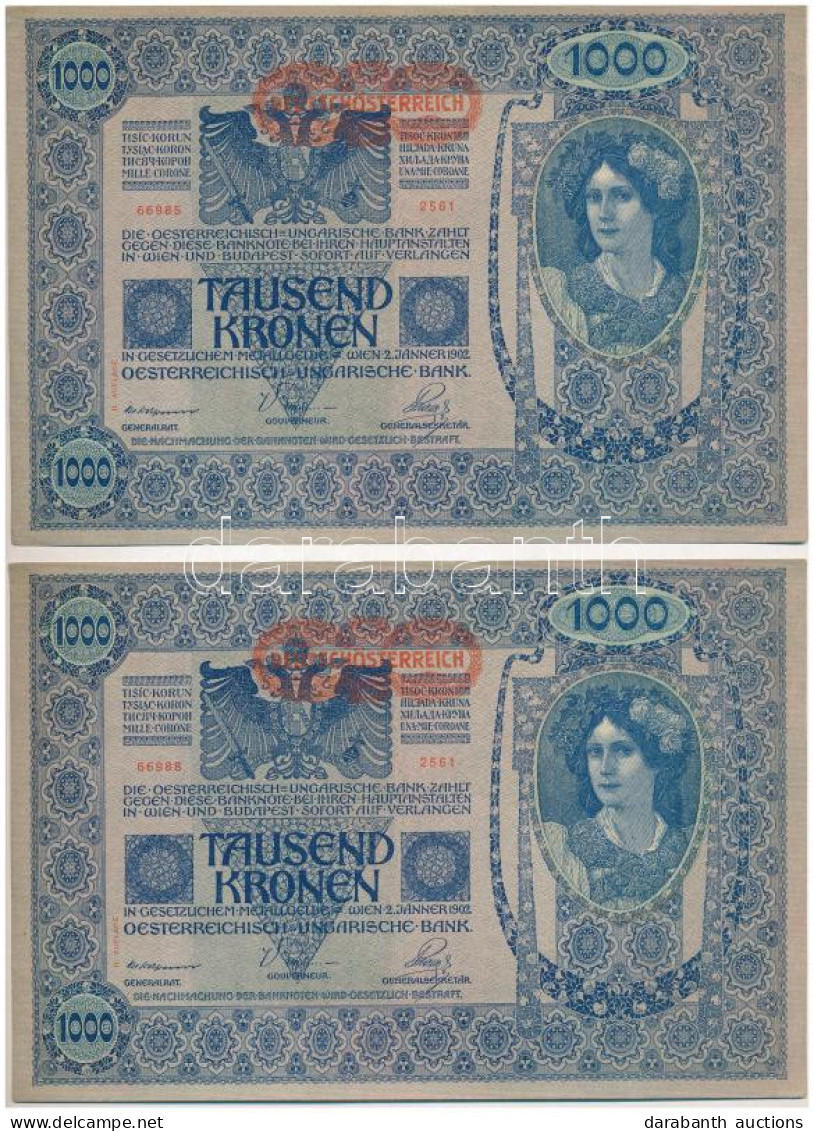 Ausztria 1919. (1902) 1000K (2x) 2. Kiadás, Közeli Sorszámok: "2561 66985" és "2561 66988" Vízszintes "DEUTSCHÖSTERREICH - Non Classés