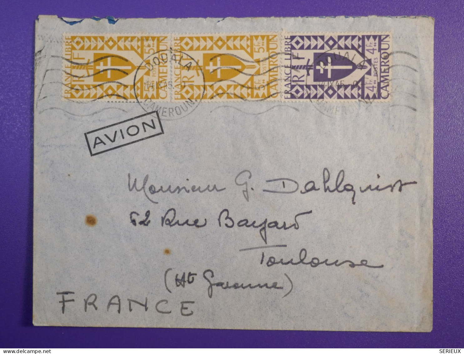 DL2  CAMEROUN  BELLE  LETTRE   1945   DOUALA  A  TOULOUSE    FRANCE  ++ PAIRE DE TP  ++ AFF. INTERESSANT+ - Briefe U. Dokumente