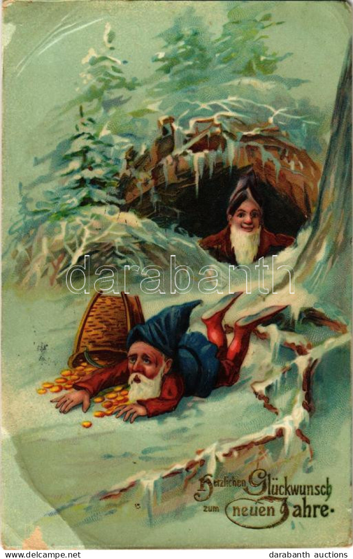 T3/T4 1909 Herzlichen Glückwunsch Zum Neuen Jahre / Újévi üdvözlet, Törpök Arany Pénzzel / New Year Greeting, Dwarves Wi - Ohne Zuordnung