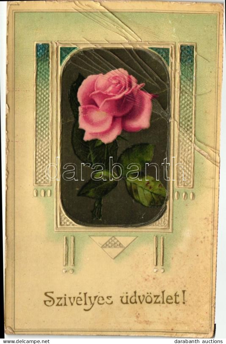 T3/T4 'Szívélyes üdvözlet!' Greeting Card, Rose Emb. Litho (fa) - Non Classés