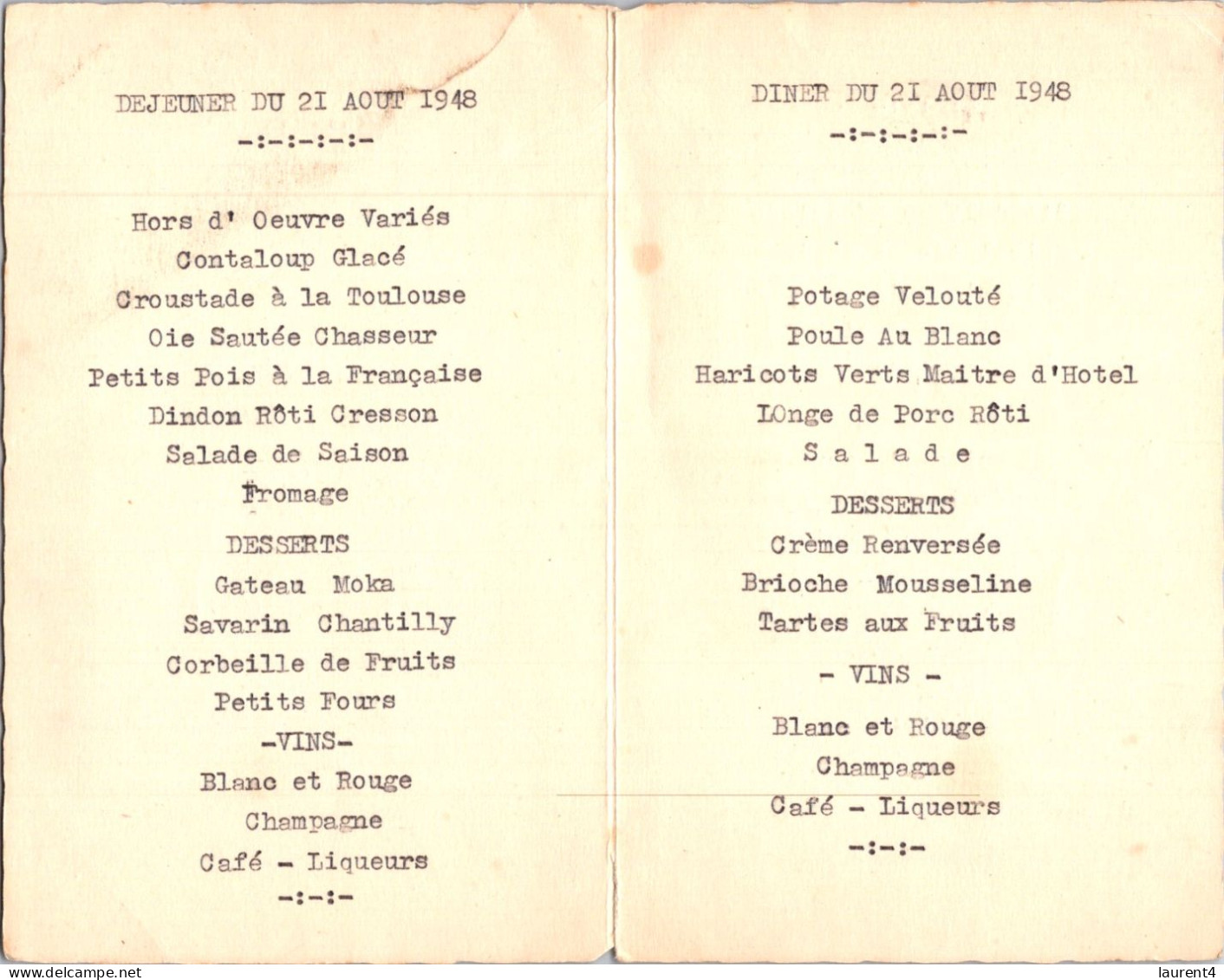 28-3-2024 (4 Y 16) Wedding Menu (card)  Menu De Noce - 1948 (2 Lunch & 1 Dinner) - Huwelijken