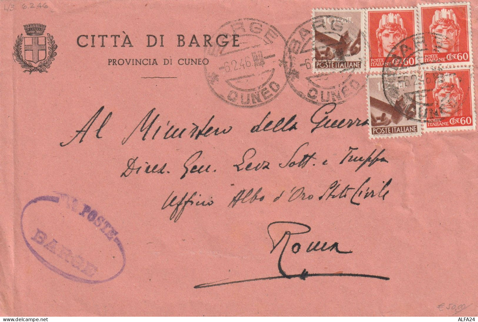 LETTERA 1946 LUOGOTENENZA 3X60+2X10 TIMBRO BARGE CUNEO (YK496 - Storia Postale