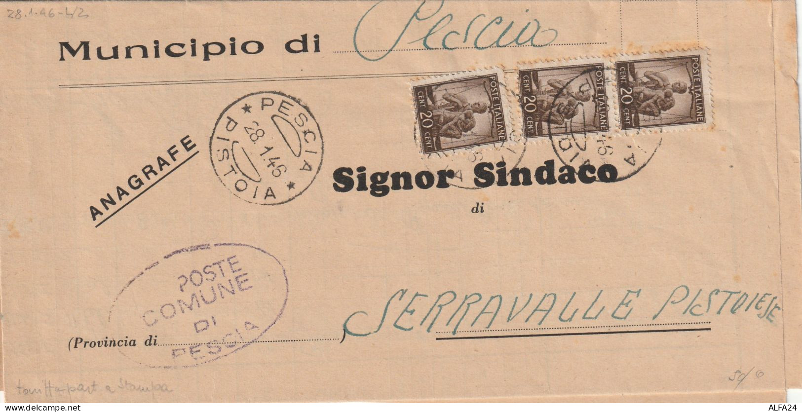 LETTERA 1946 LUOGOTENENZA 3X20 C TIMBRO PESCIA PISTOIA (YK460 - Storia Postale