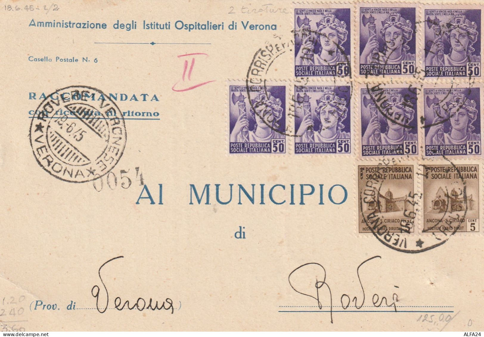 RACCOMANDATA 1945 LUOGOTENENZA 7X50+2X5 MON DIST TIMBRO ROVERE VERONESE VERONA (YK432 - Storia Postale