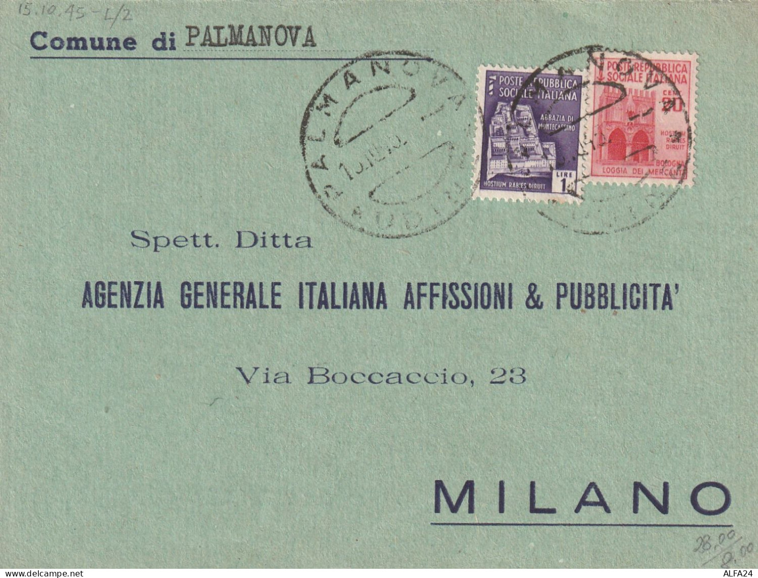 LETTERA 1945 LUOGOTENENZA L.1+20 C. MON DIST TIMBRO PALMANOVA -FUORI CORSO (YK229 - Storia Postale