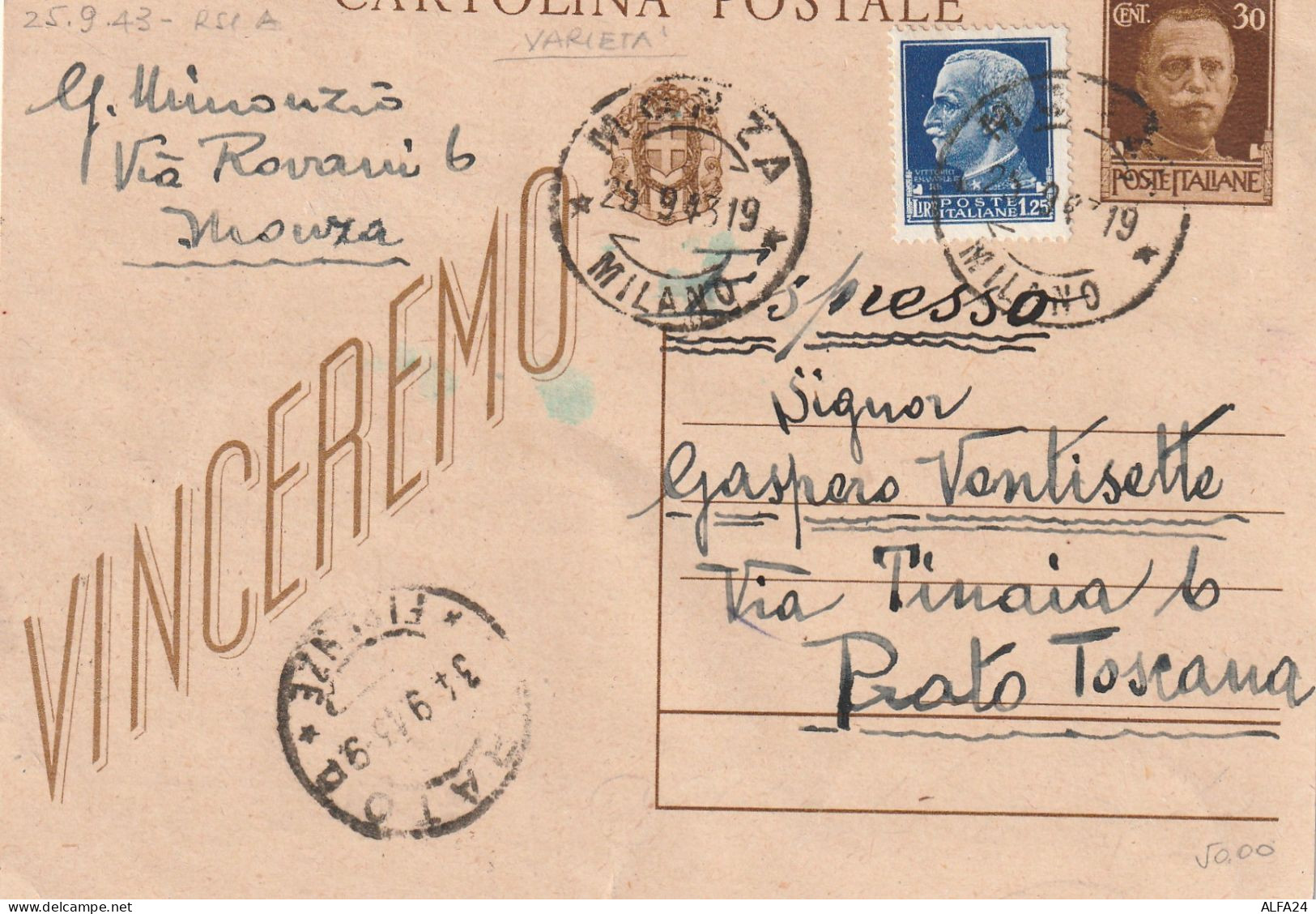 INTERO POSTALE 1943 RSI C.30 REG+1,25 VINCEREMO TIMBRO MILANO-TAGLIO ERRATO (YK161 - Entiers Postaux