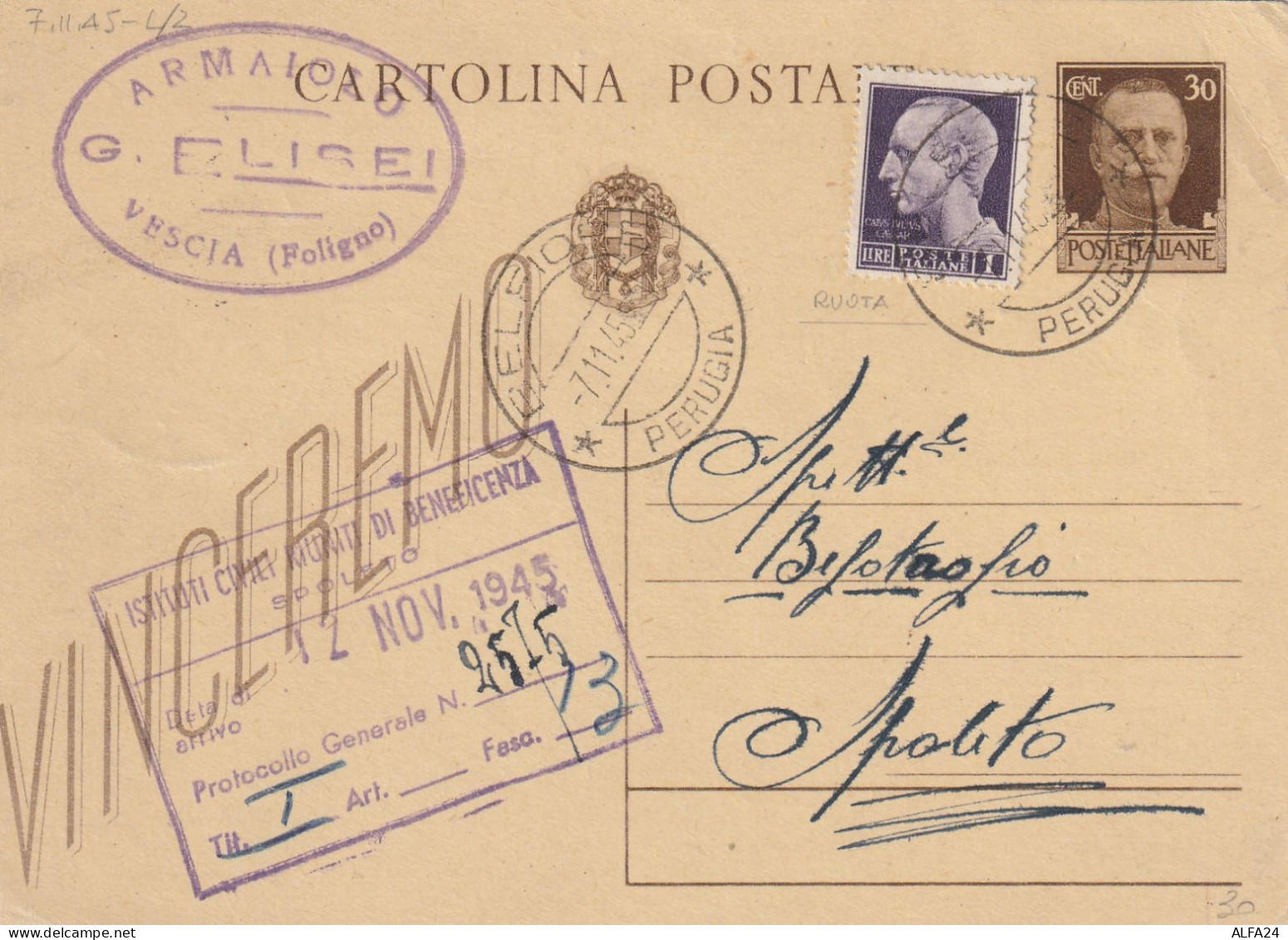 INTERO POSTALE 1945 LUOGOTENENZA C.30 REGNO +1 VINCEREMO TIMBRO PERUGIA (YK159 - Poststempel