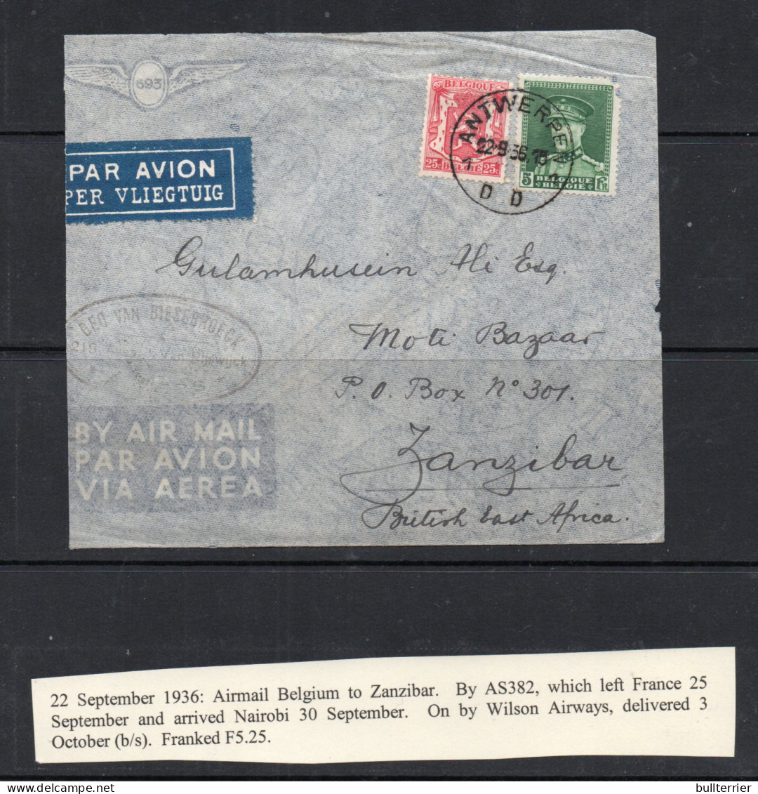 BELGIUM - 1936 AIRMAIL BELGIUM TO ZANZIBAR , NAIROBI ONWARDS BY WILSO AIRWAYS   WITH BACKSTAMPS - Lettres & Documents