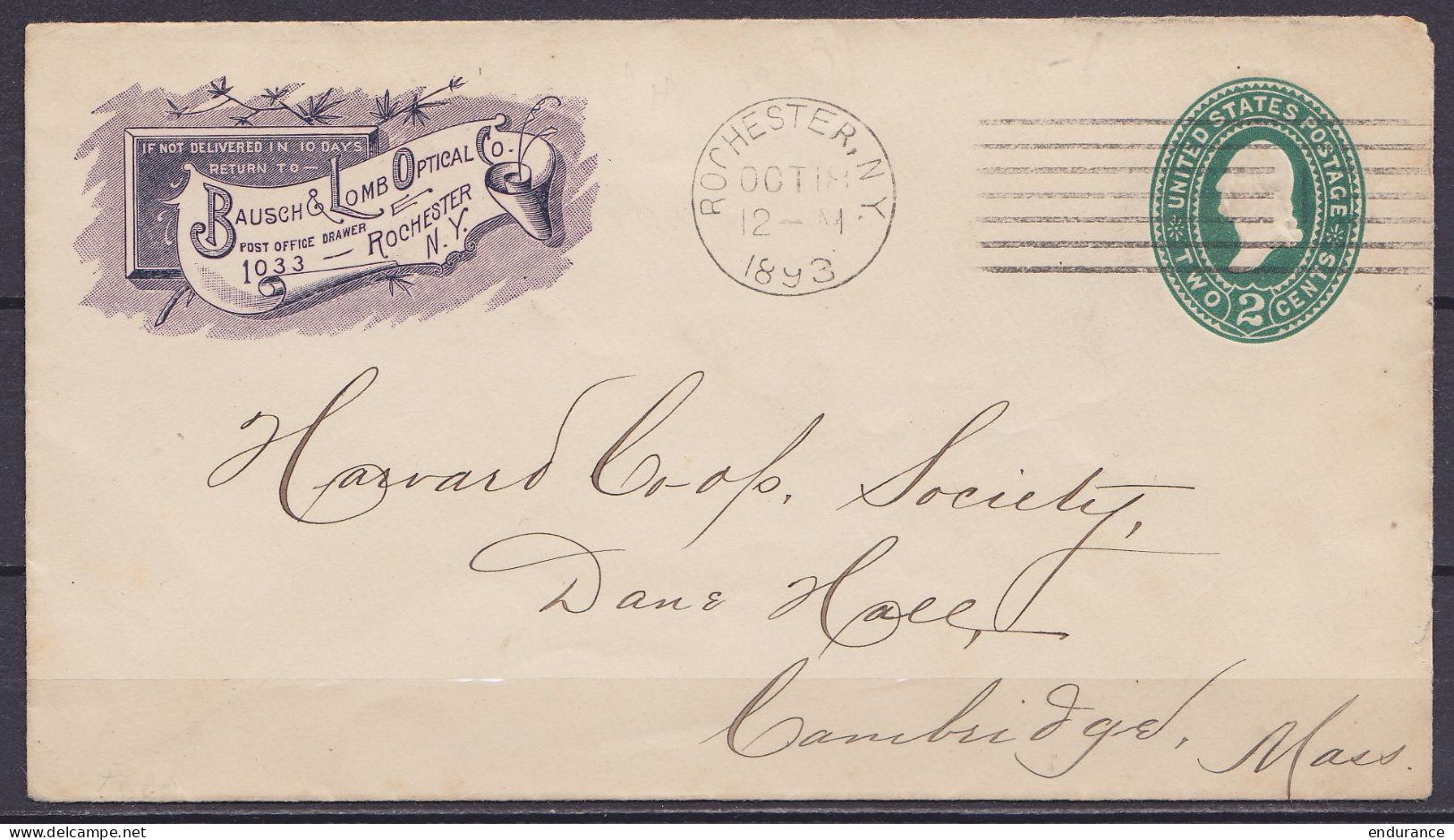 USA - EP Enveloppe 2c Vert Washington Ill. "Bausch & Lomb Optical" Flam. ROCHESTER N.Y./ OCT 18 1893 Pour CAMBRIDGE Mass - ...-1900