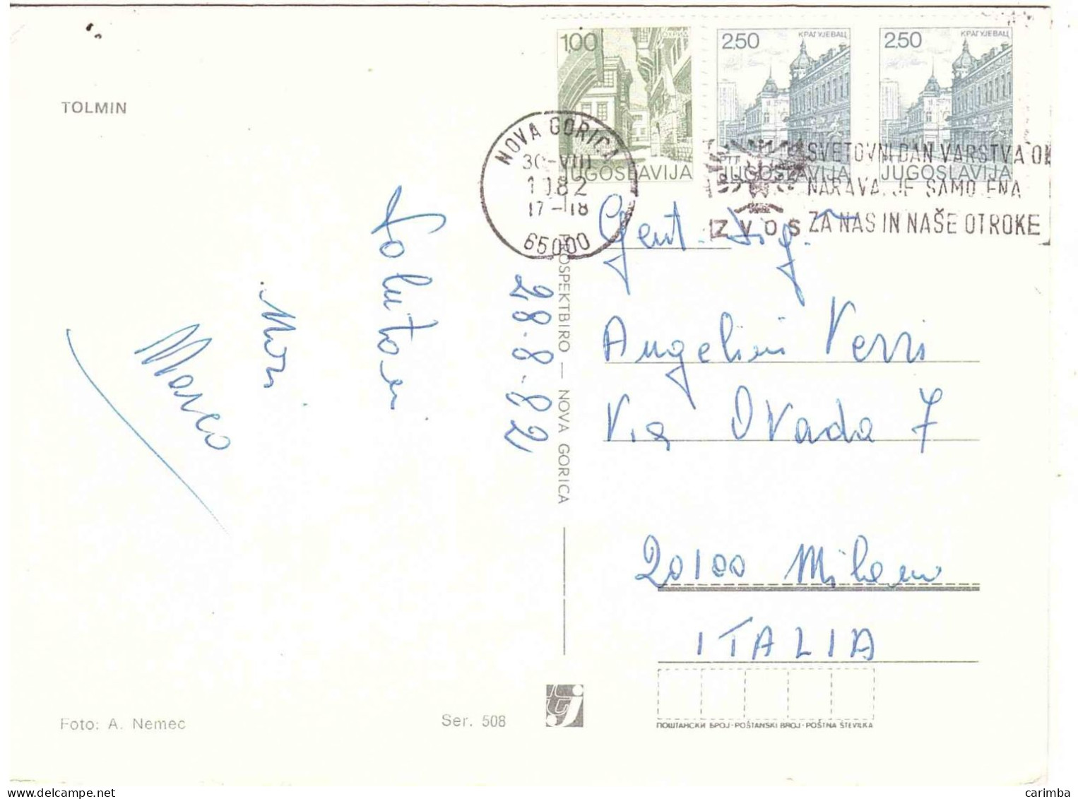 JUGOSLAVIA CARTOLINA PER ITALIA CON ANNULLO TARGHETTA - Lettres & Documents