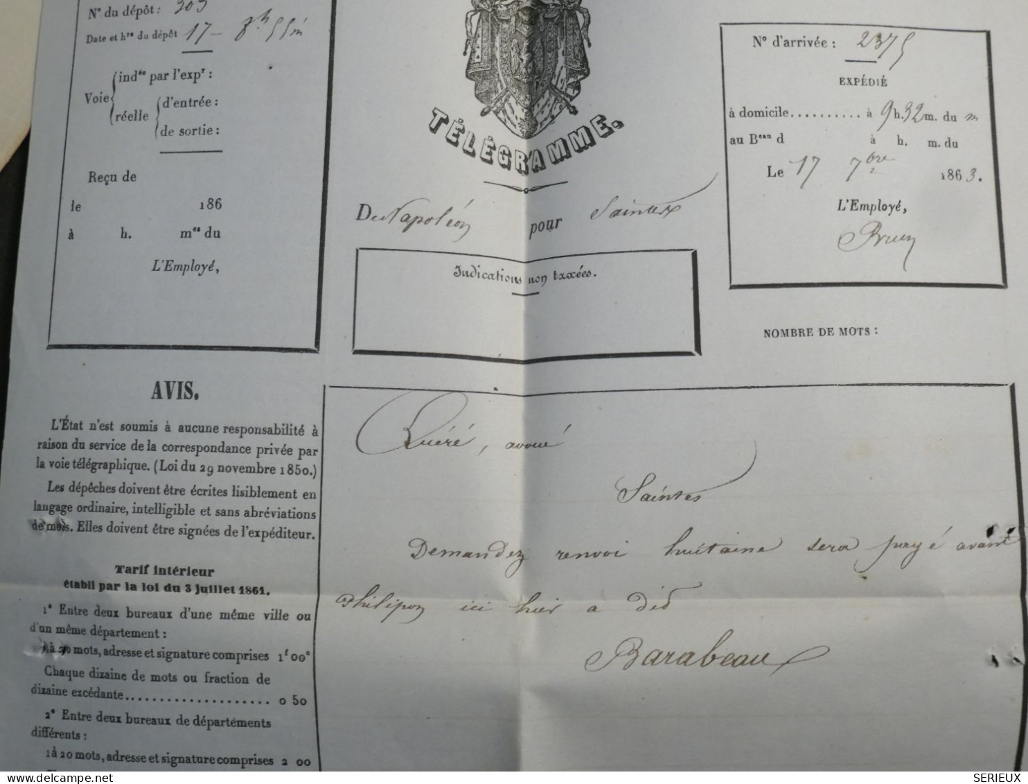 DL 1 FRANCE   LETTRE TELEGRAMME PRIVé RARE 1863 NAPOLEON A  SAINTES     + +AFF.  INTERESSANT+ + - Telegraphie Und Telefon