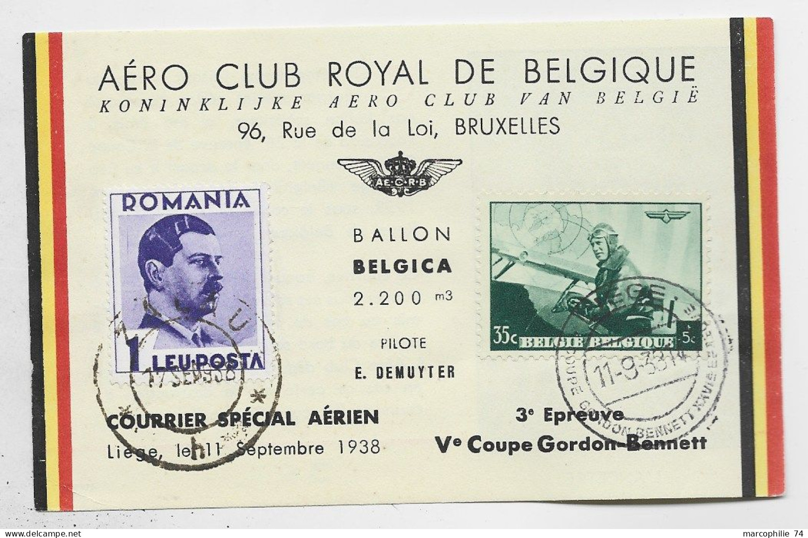 ROMANIA PETITE CARTE  PAR BALLON GONRDON BENNETT AERO CLUB ROYAL DE BELGIQUE MIXTE PA 35C BRUXELLES 1938 - Cartas & Documentos