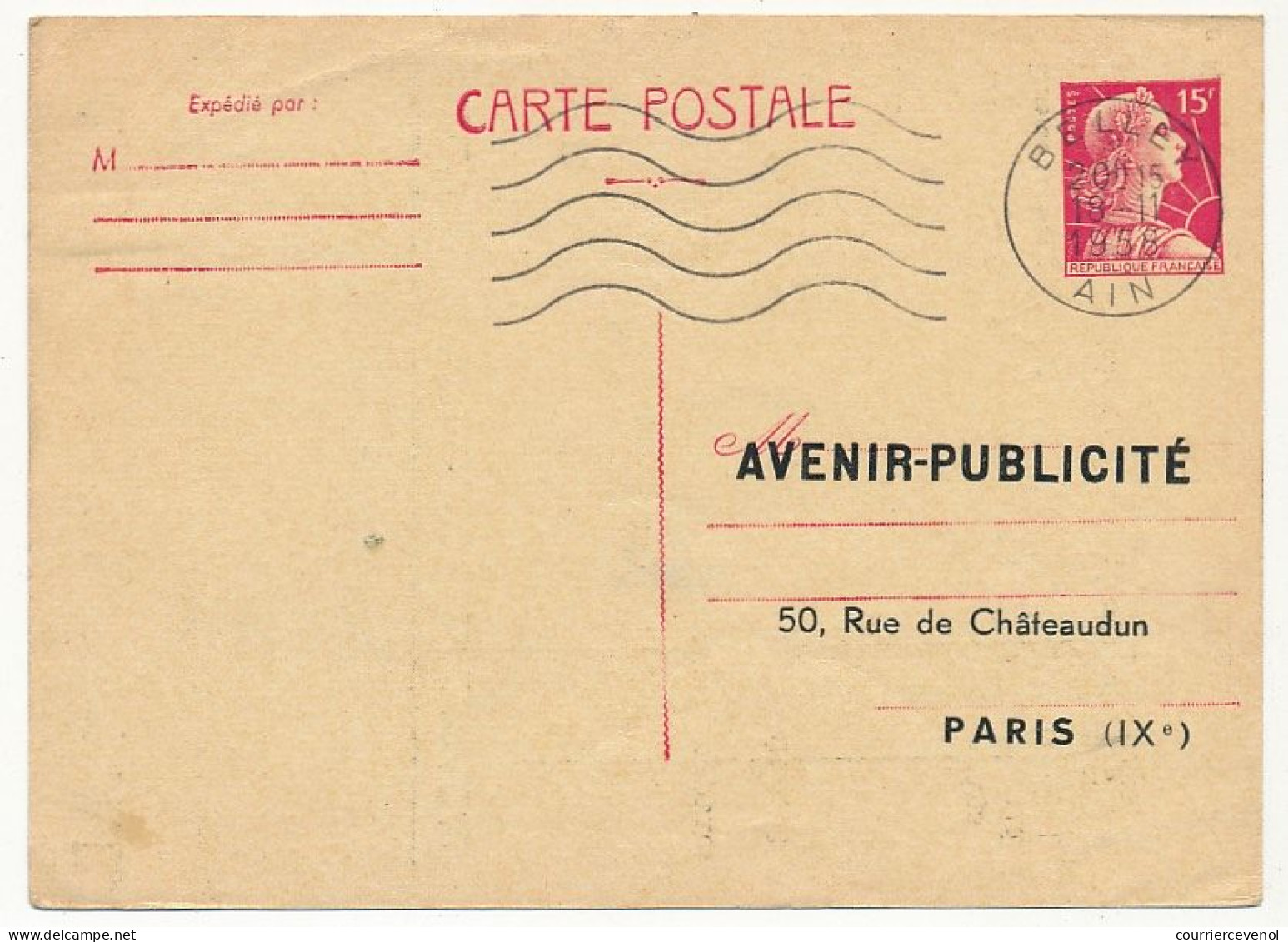 FRANCE - CP 15 Marianne de Muller repiquage "Avenir Publicité - voyagée OMEC Belley (Ain) - 18/11/1958