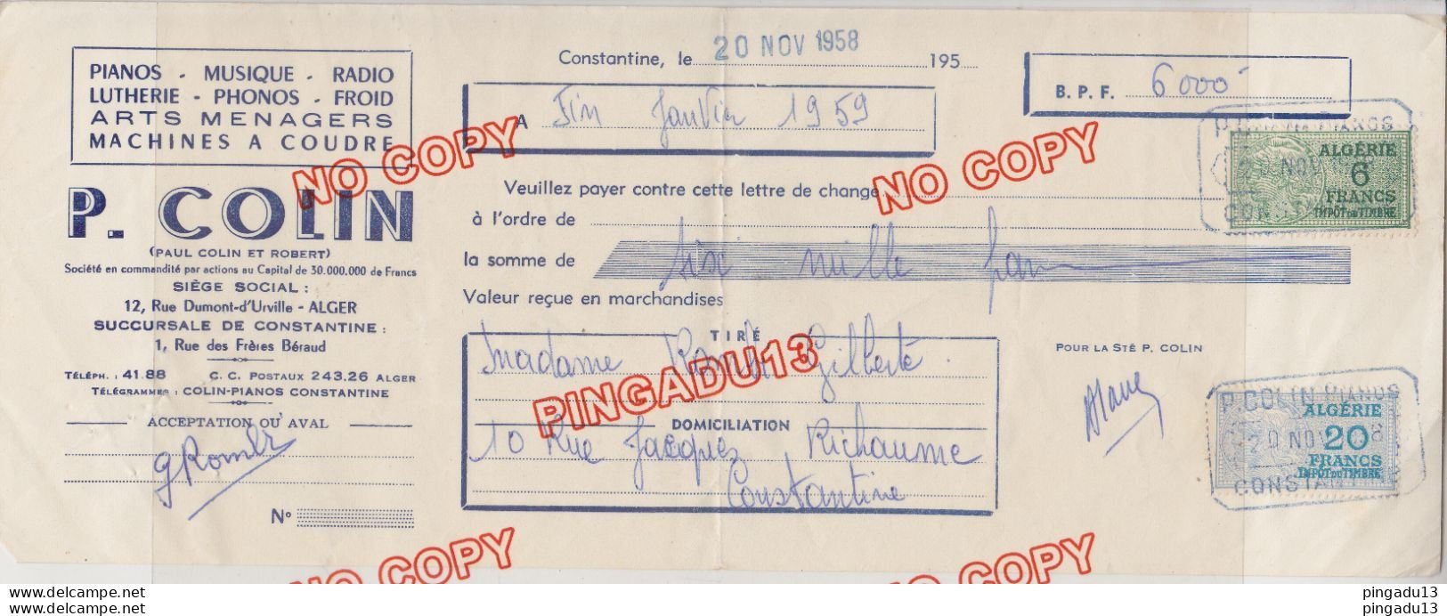 Au Plus Rapide Algérie Alger Timbre Fiscal P Colin Piano Radio Phonographe ...février 1959 - Other & Unclassified