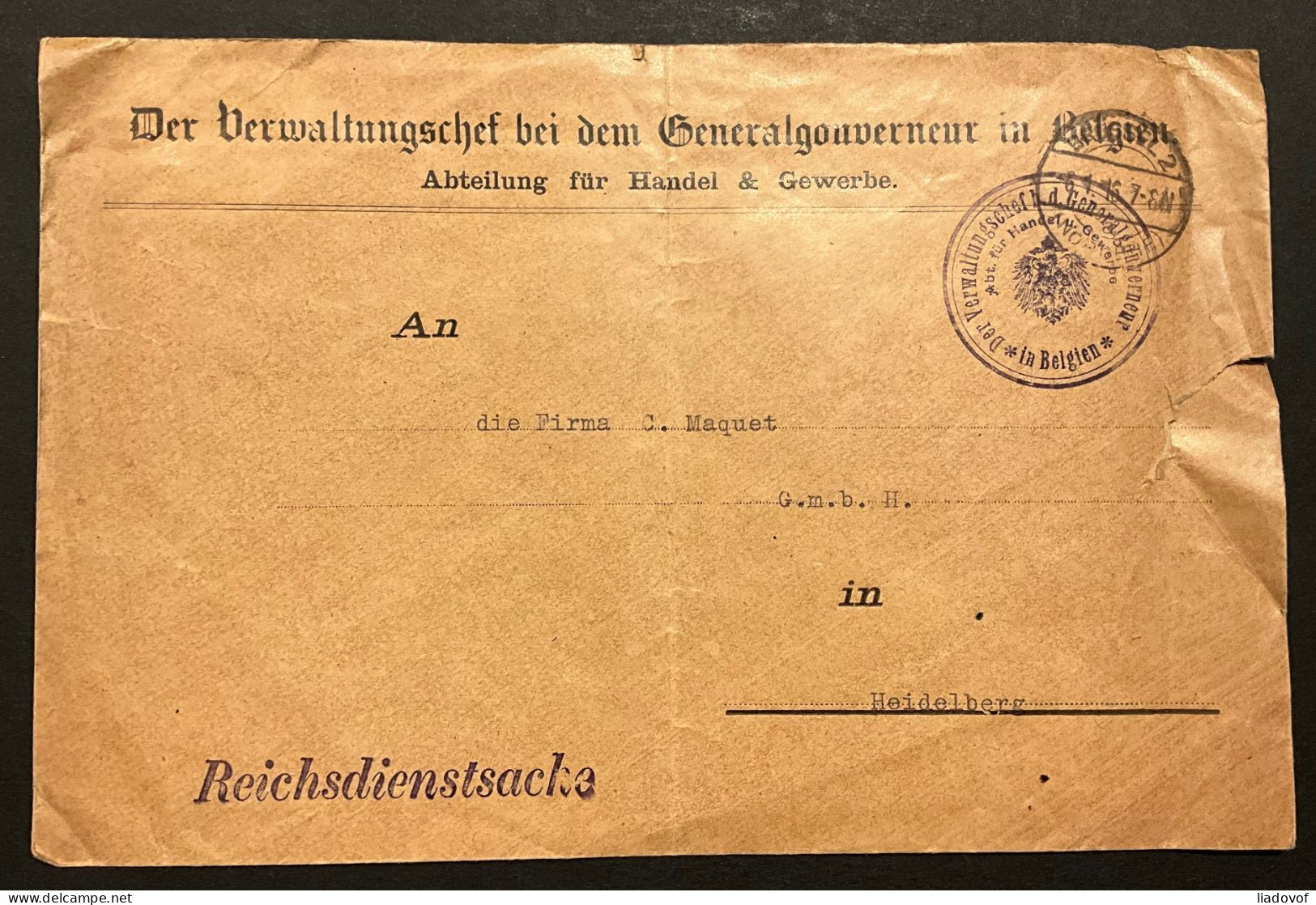 Lettre "Reichsdienstsache" 1916 - Generalgouverneur In Belgien - Other & Unclassified