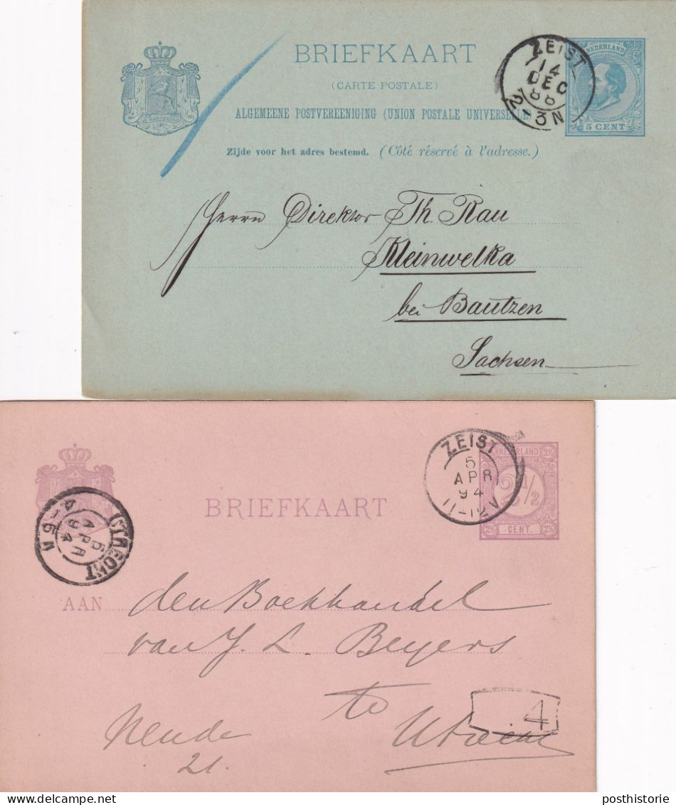 2 Briefkaarten 1888 En 1894 Zeist (kleinrond) Naar Utrecht En Duitsland - Marcophilie