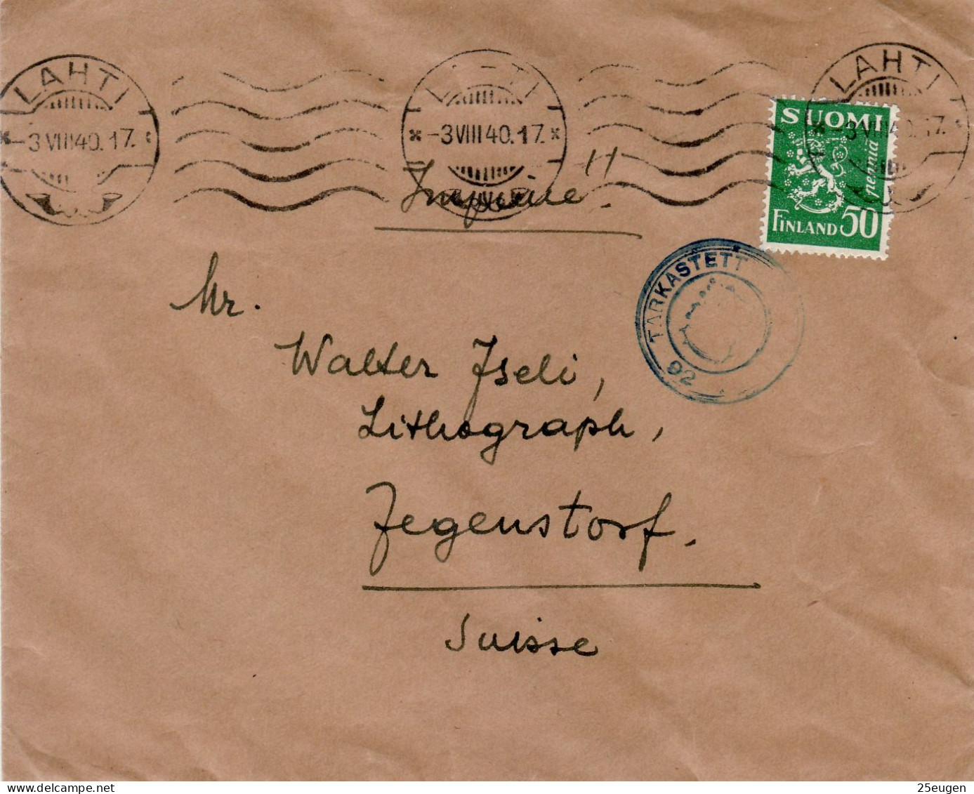 FINLAND 1940 LETTER SENT  FROM LAHTI TO JEGENSTORF - Covers & Documents