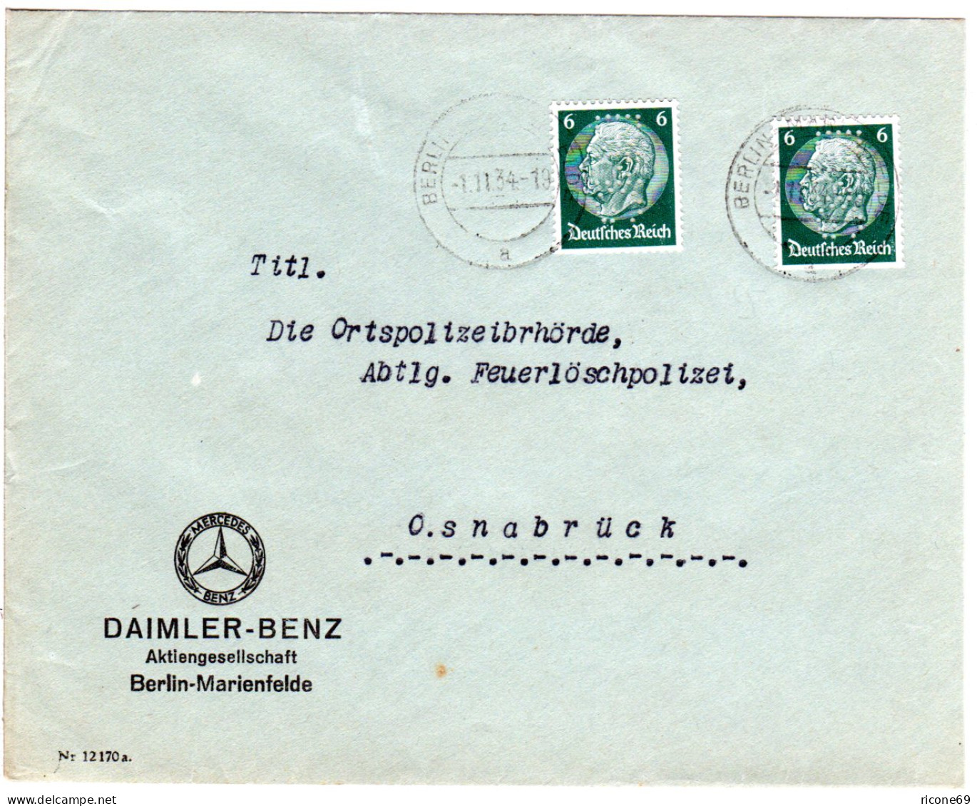 DR 1934, 2x6 Pf. M. Perfin Auf Firmenbrief V. Berlin-Marienfelde - Autres & Non Classés