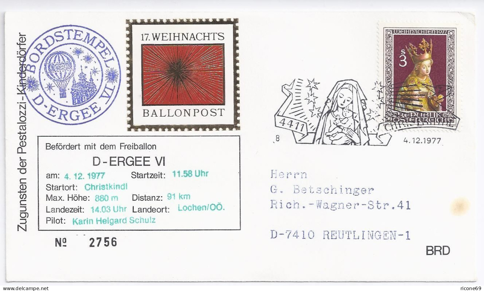 Österreich Christkindl 1977, 17. Weihnachten Ballonpost Lochen. #1944 - Lettres & Documents