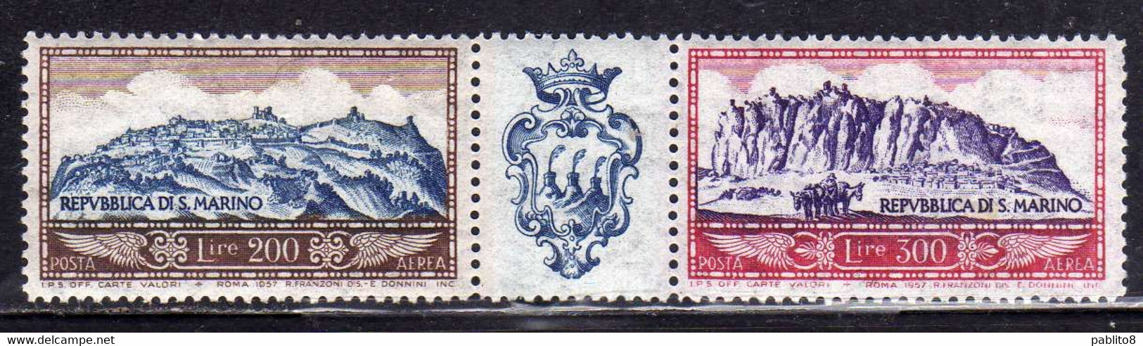 REPUBBLICA DI SAN MARINO 1958 POSTA AEREA AIR MAIL VEDUTA MONTE TITANO VIEW STRISCIA SERIE COMPLETA STRIP SET MNH - Corréo Aéreo