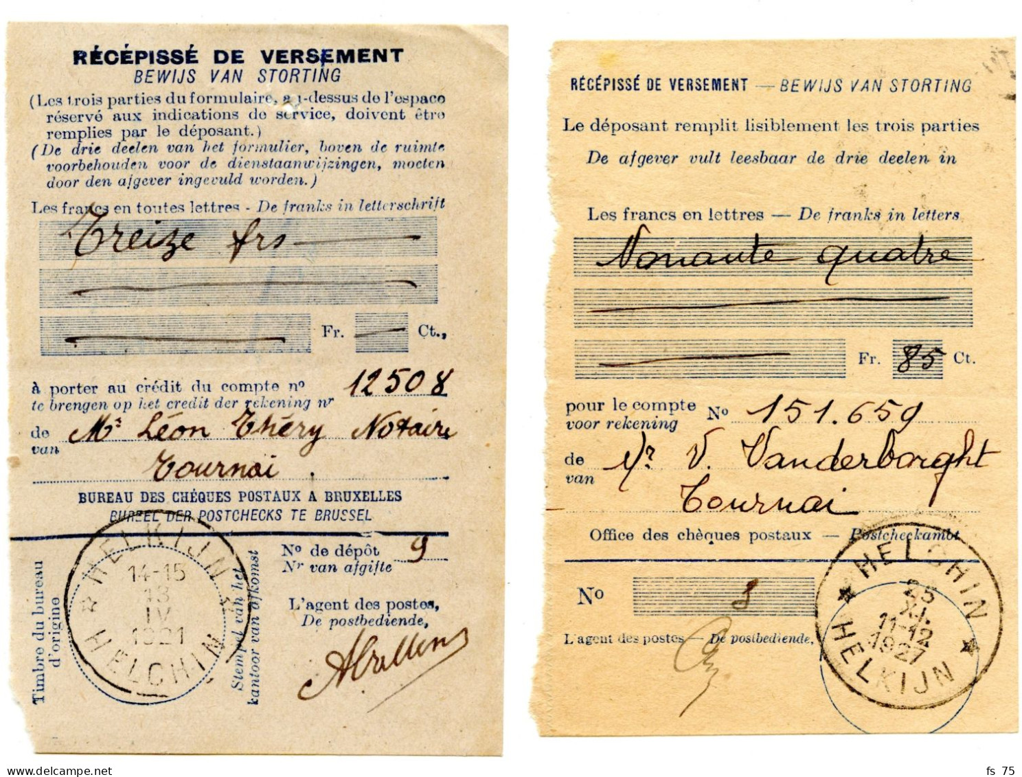 BELGIQUE - SIMPLE CERCLE BILINGUE RELAIS A ETOILES HELCHIN SUR DEUX BULLETINS DE VERSEMENT - Postmarks With Stars