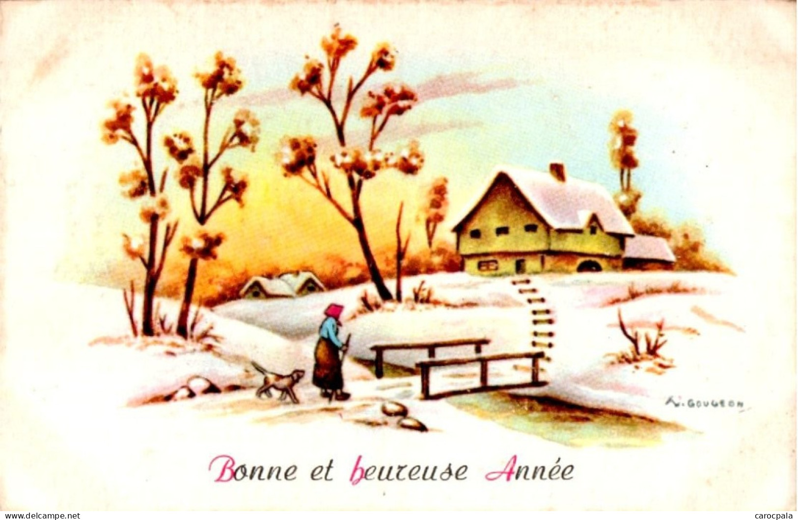 Carte Signée Gougeon : Bonne Année , Paysage - Gougeon