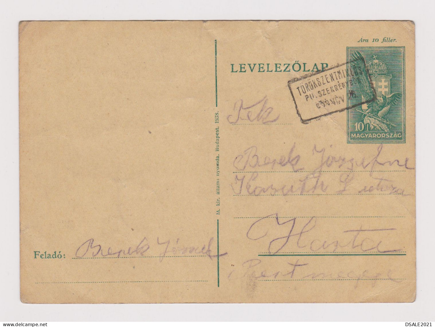 Hungary Ungarn 1930s Postal Stationery Card PSC 10F, Entier, Ganzsache, With Törökszentmiklós Rectangular Postmark (618) - Postal Stationery