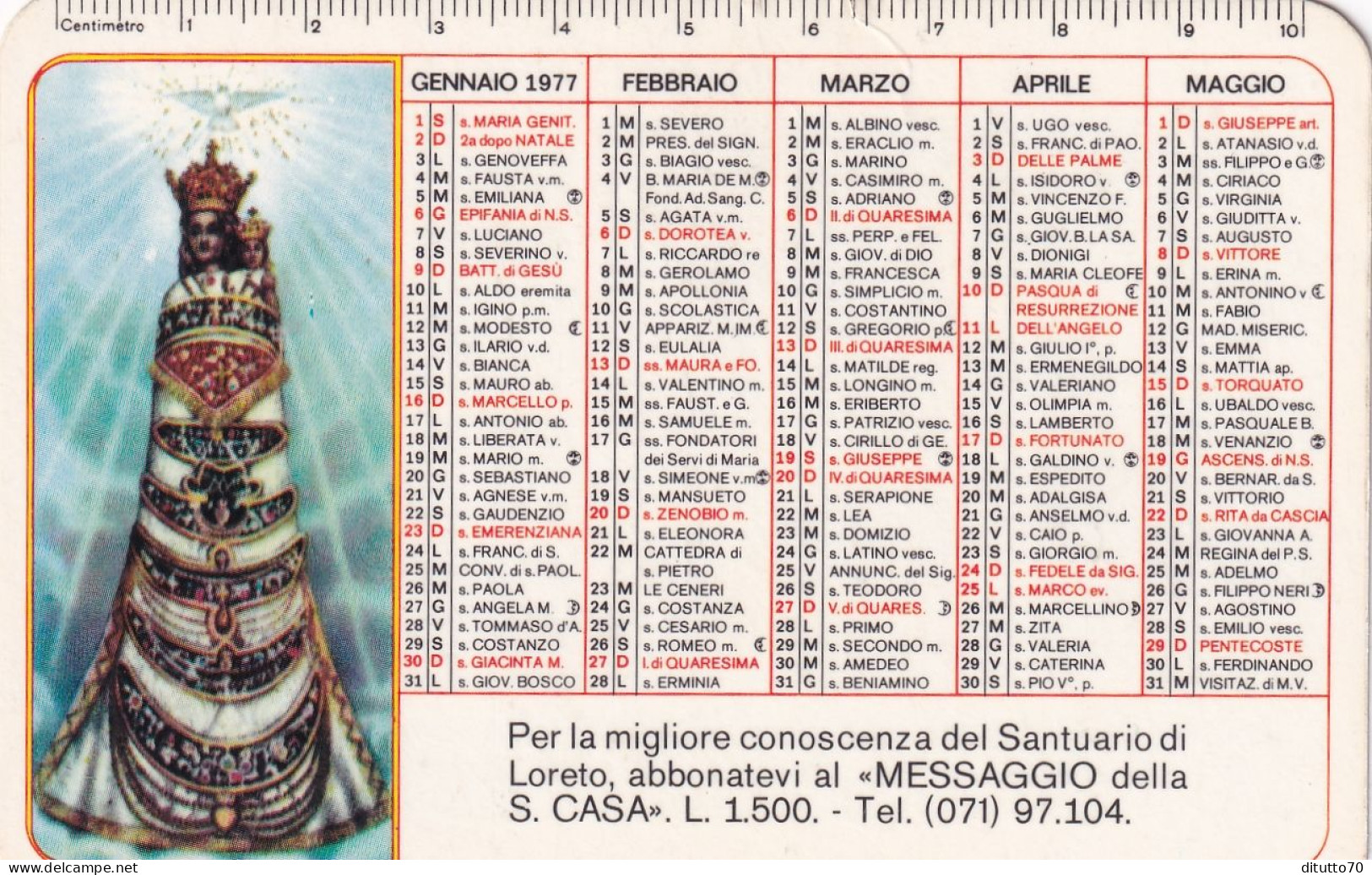 Calendarietto - Santuario Di Loreto - Anno 1977 - Kleinformat : 1971-80