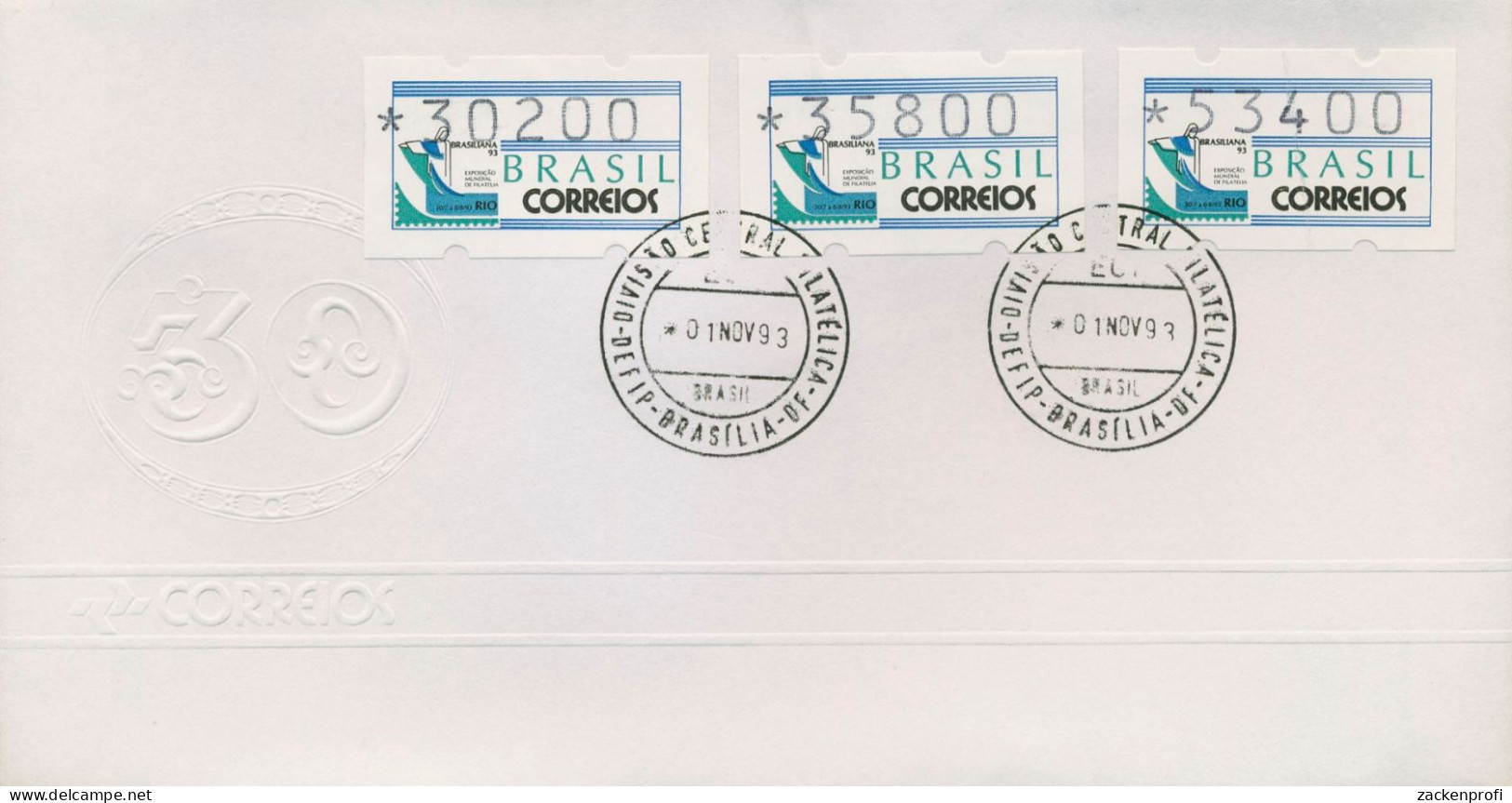 Brasilien 1993 Automatenmarken Satz 30200/35800/53400 ATM 5 S5 FDC (X80266) - Franking Labels