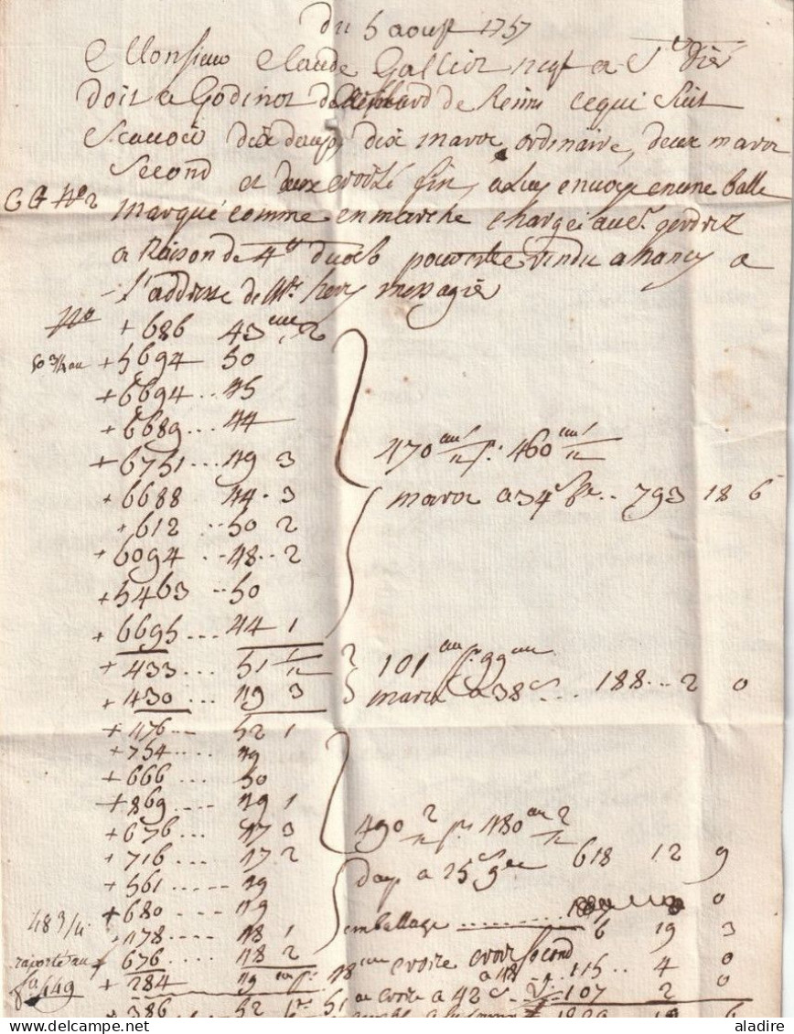 1757 - Marque Postale RHEIMS Reims Sur Lettre De 2 P Avec Facture Vers SAINT DIE En Lorraine, Vosges - Règne De Louis XV - ....-1700: Précurseurs