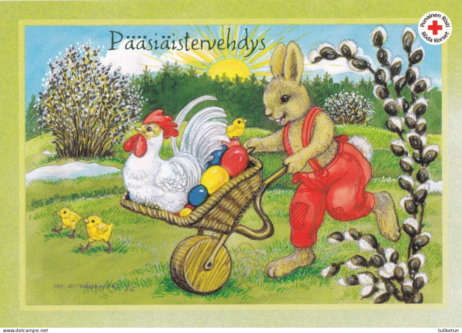 Postal Stationery - Bunny Carrying Chicken Eggs In Wheelbarrow - Red Cross  - Suomi Finland - Postage Paid - Ganzsachen