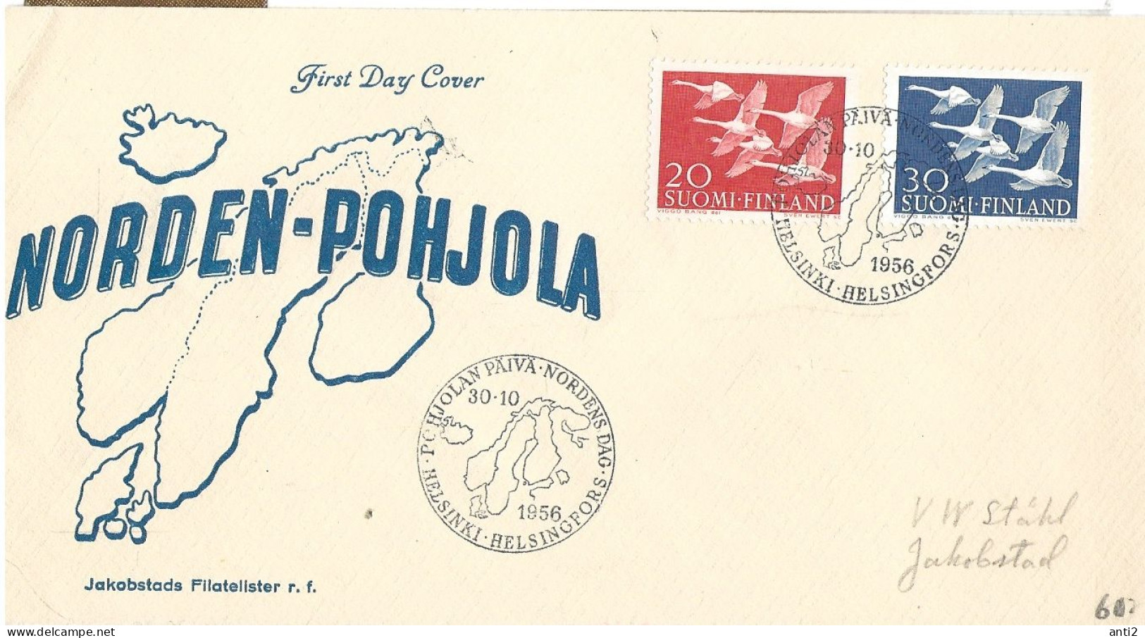 Finland   1956   NORTH: Northern Day, Five Whooper Swans (Cygnus Cygnus), Mi 465 - 466    FDC - Cartas & Documentos