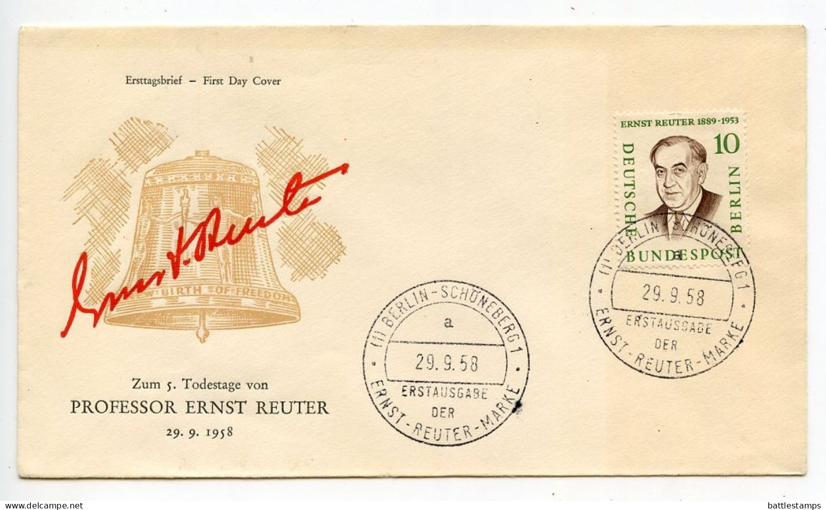 Germany, Berlin 1958 FDC Scott 9N150 Professor Ernst Reuter, Mayor Of Berlin - 1948-1970