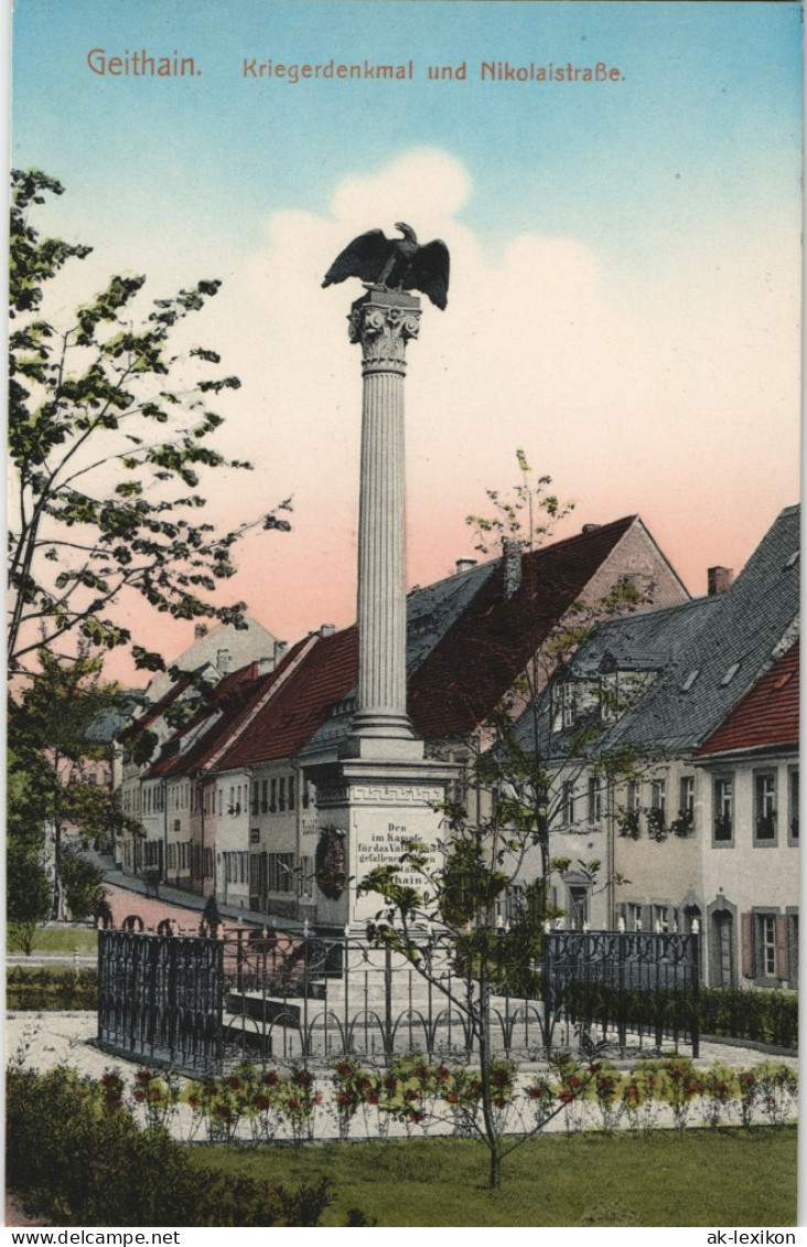 Ansichtskarte Geithain Nikolaistraße - Kriegerdenkmal 1911 - Geithain