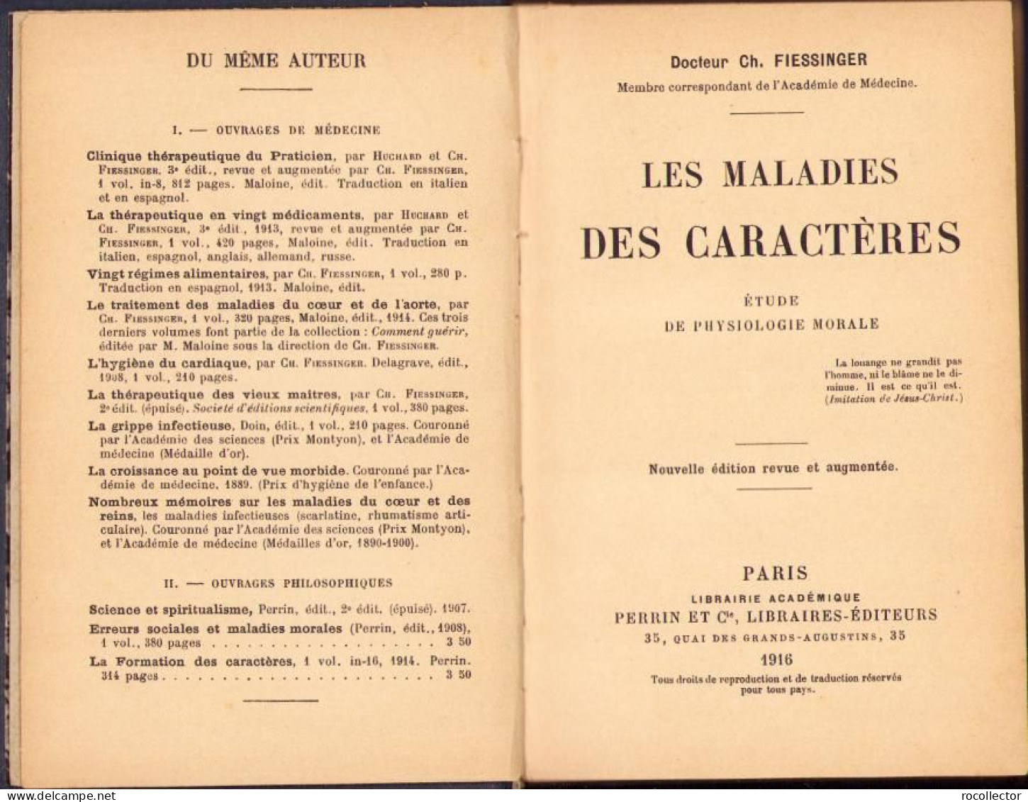 Les Maladies Des Caracteres Par Ch. Fiessinger, 1916, Paris C1240 - Old Books