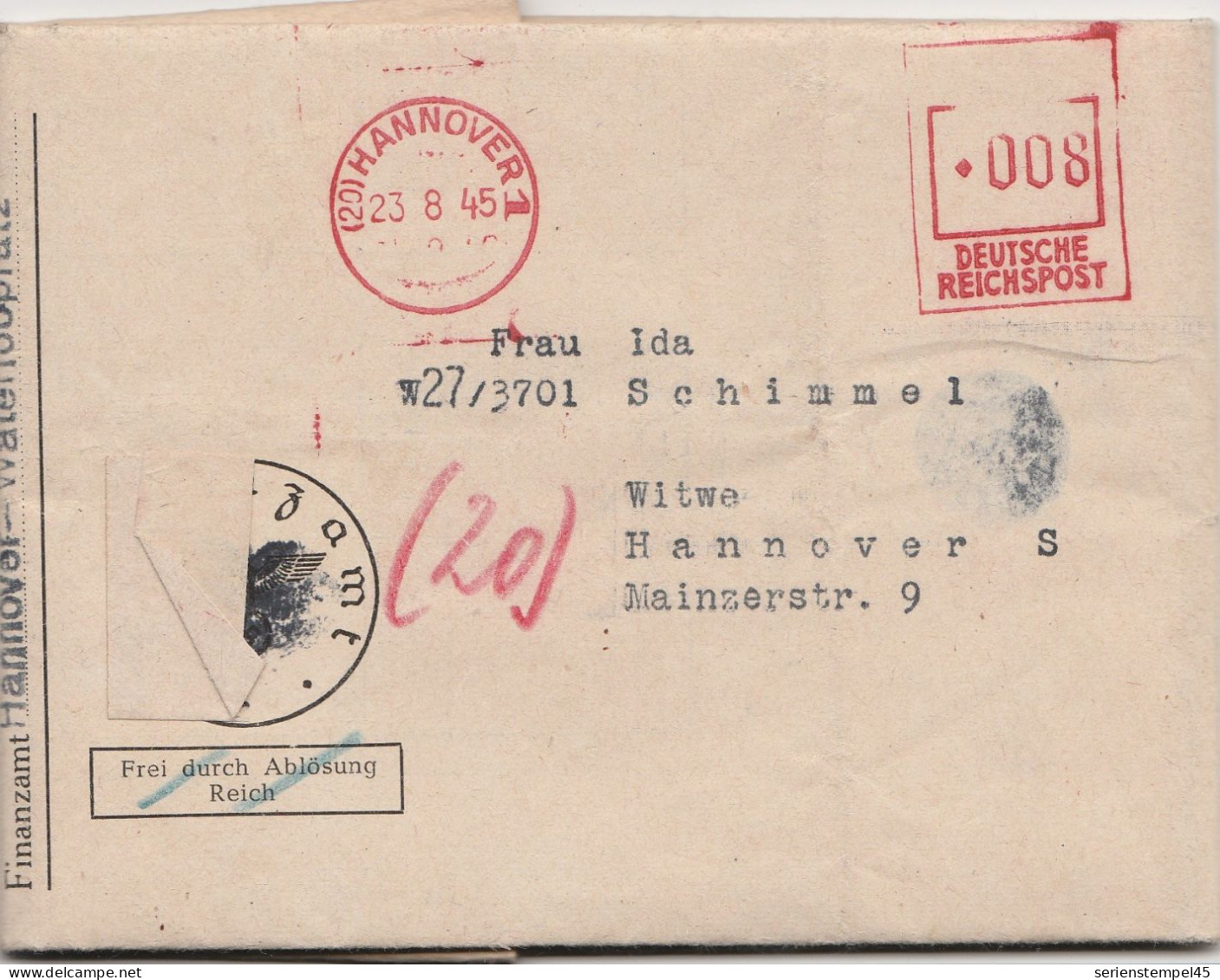 Britische Zone Ortsbrief Hannover Mit Firmenfreistempler Als Postfreistempel 1945 Finanzamt - Emissions De Nécessité Zone Britannique