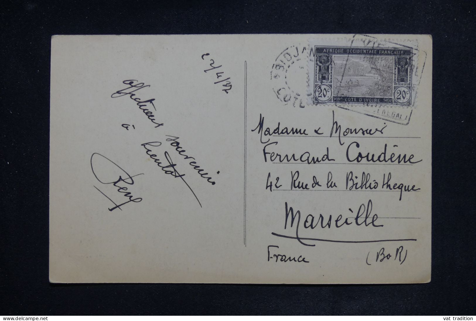 CÔTE D'IVOIRE - Affranchissement De Abidjan Sur Carte Postale Pour Marseille En 1937 - L 150956 - Brieven En Documenten