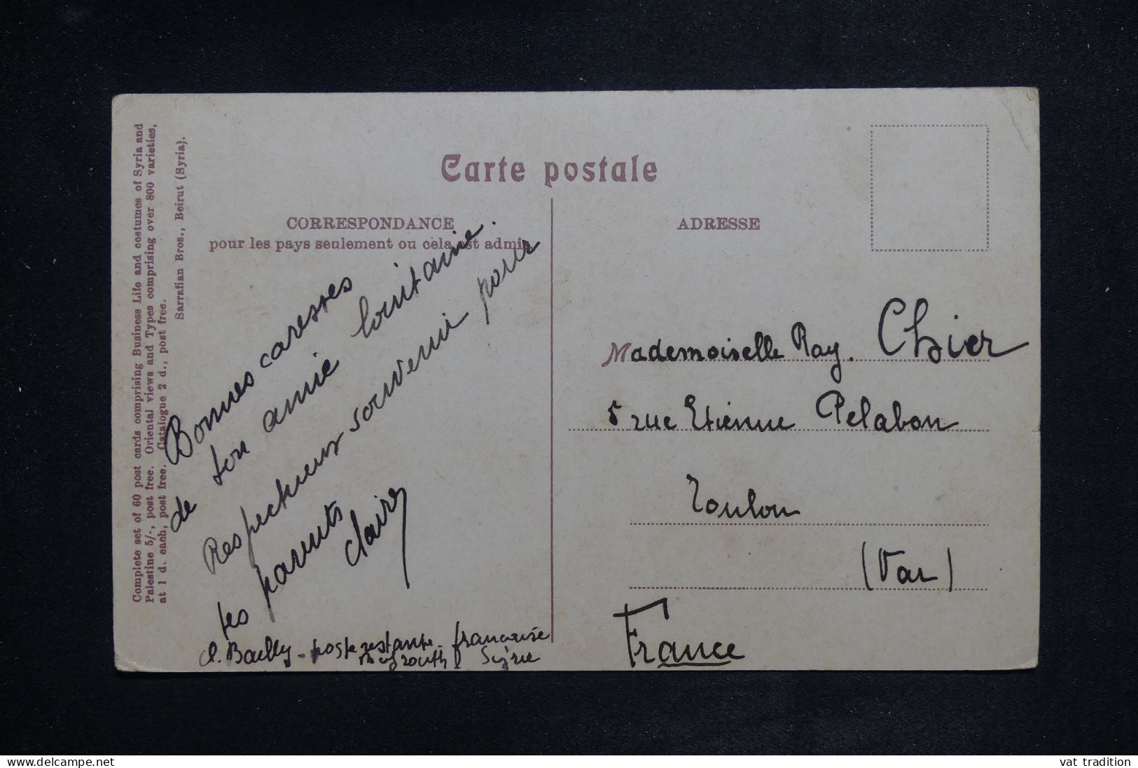 SYRIE - Affranchissement Semeuse De Beyrouth Sur Carte Postale Pour Toulon En 1920  - L 150965 - Lettres & Documents
