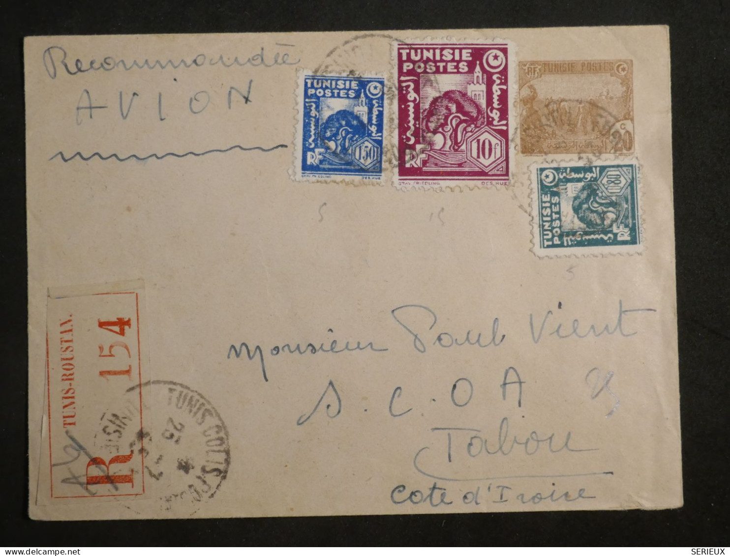 DM1 TUNISIE  BELLE LETTRE  1938   TUNIS A TABOU COTE D IVOIRE+DOUANE ++AFF.   INTERESSANT+ + - Briefe U. Dokumente