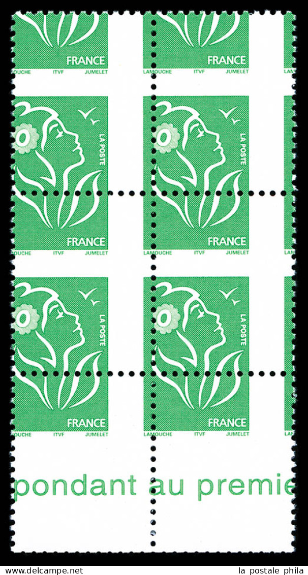 N°3733, Lamouche Vert (sans Valeur): Superbe Piquage à Cheval En Bloc De Six, Très Jolie Pièce (signé Calves/certificat) - Ungebraucht