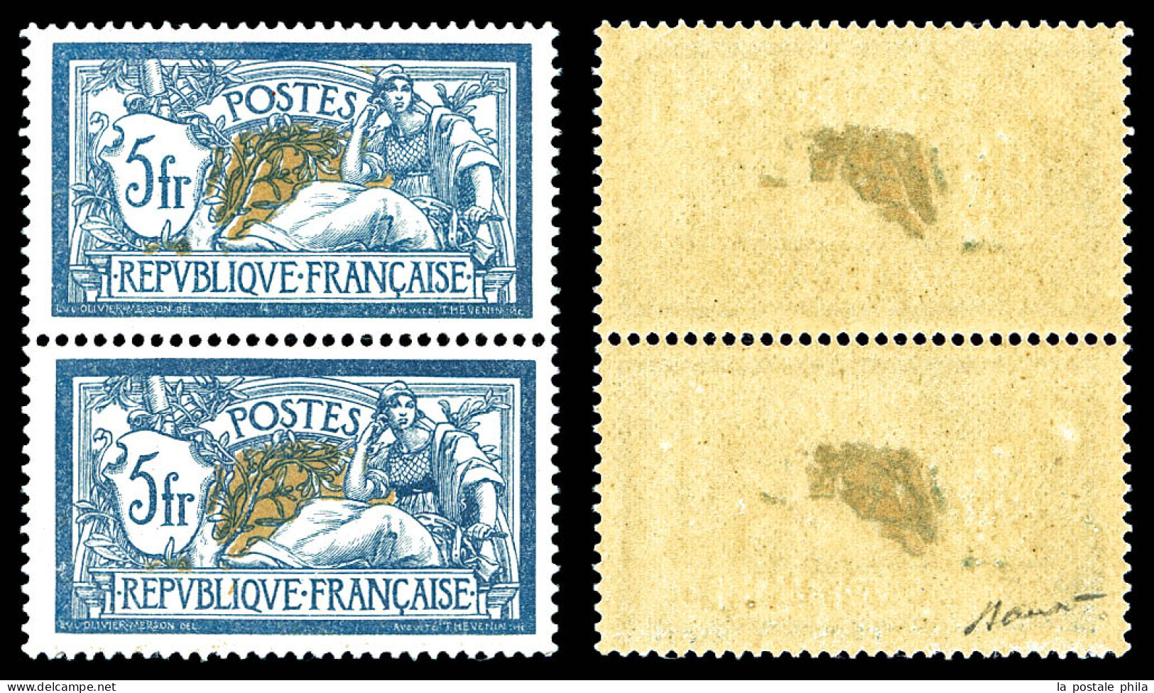 N°123, 5F Bleu Et Chamois: Impression Recto-verso De La Teinte De Fond En Paire Verticale. R.R. SUP (certificat)  Qualit - Unused Stamps