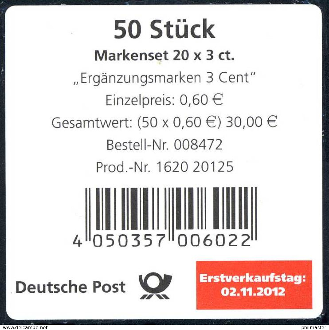 FB 24 Ergänzungsmarke 3 Cent, Folienblatt-BANDEROLE Für 50 Markensets - 2011-2020