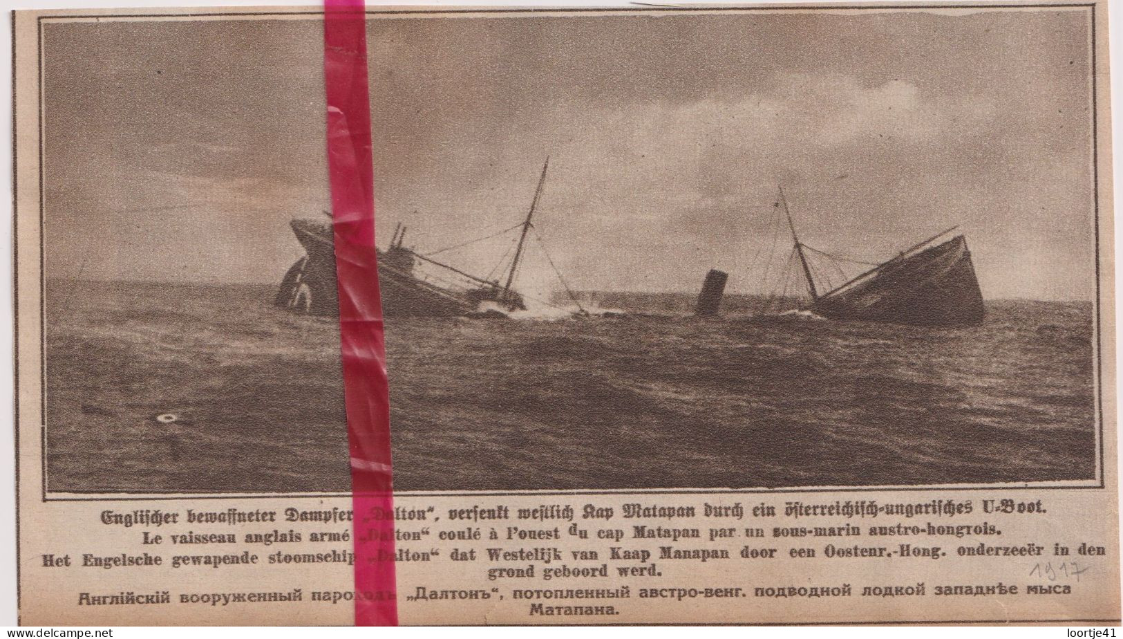 Oorlog Guerre 14/18 - Kaap Manapan - Schip Bateau Dalton Coulé - Orig. Knipsel Coupure Tijdschrift Magazine - 1917 - Non Classés