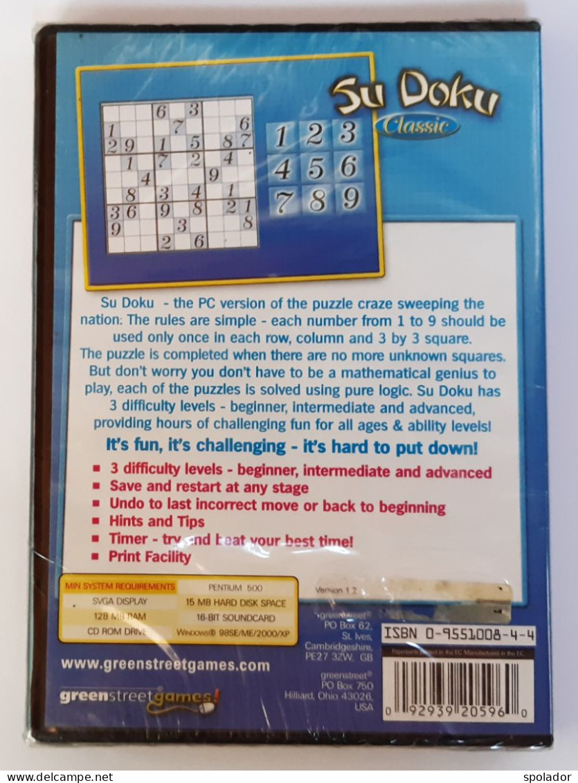 New-Su Doku Classic-PC CD ROM-Game-Green Street Games-The Nation's Number One Puzzle Craze - Giochi PC