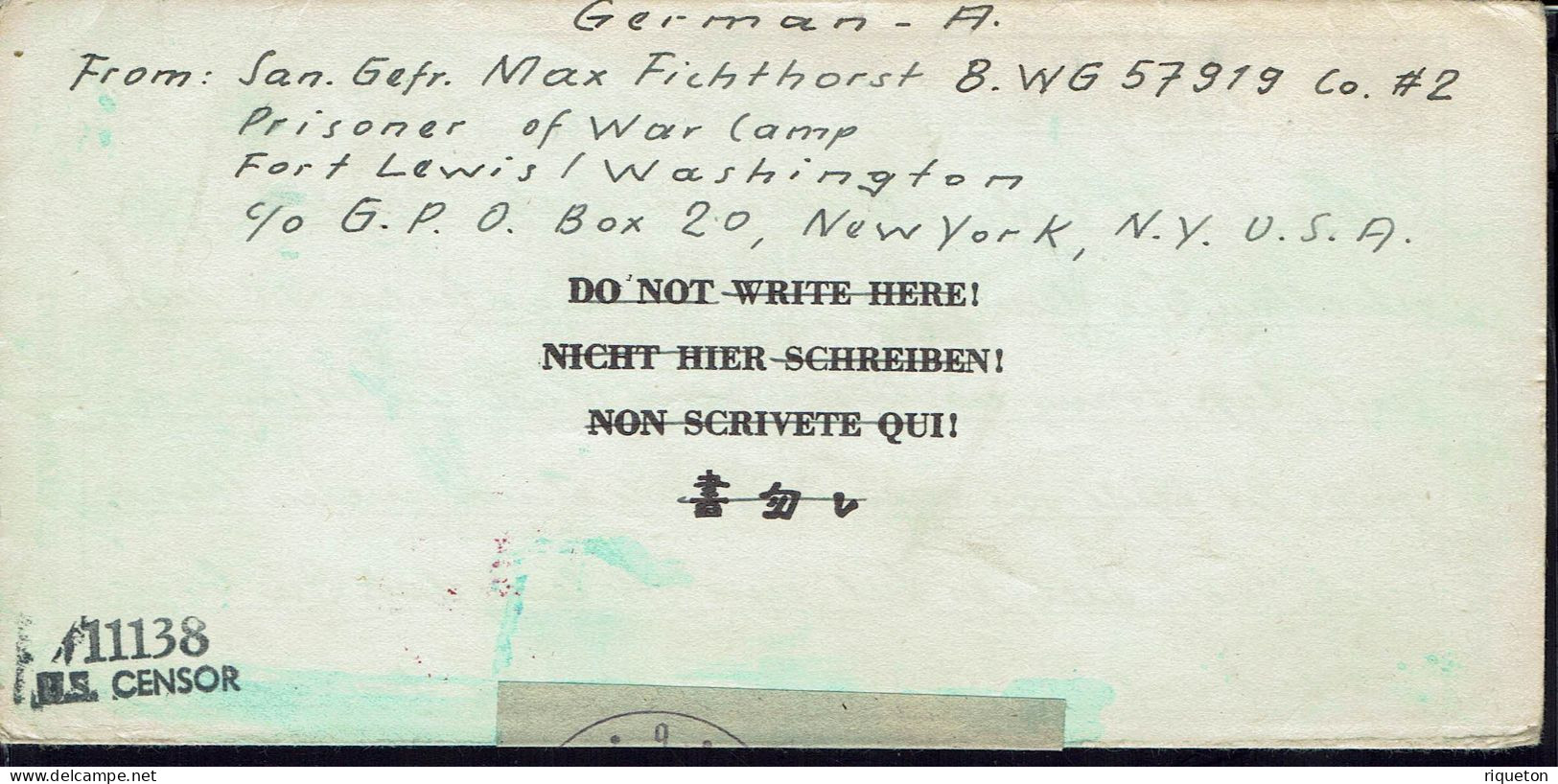 Etats-Unis. 1944. Prisoner Of War. Camp Fort Lewis Washington. Correspondance Pour L'Allemagne. Censure De La Wehrmacht. - Briefe U. Dokumente