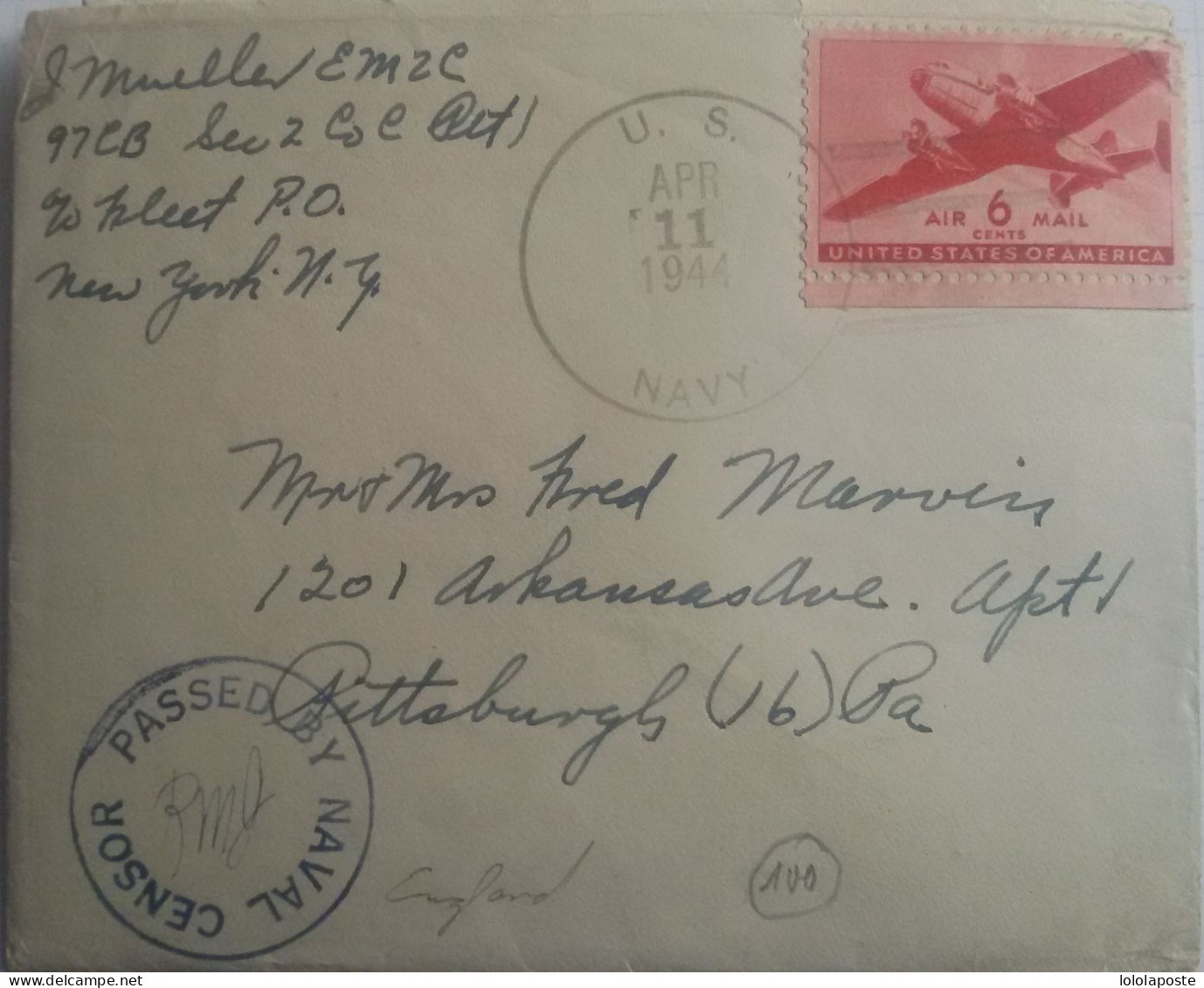 U.S.A. Lettre Censurée Du 11/04/1944 De U.S. NAVY Contenant Le Courrier Censuré (découpé) Avec Cachet Naval Censor 3phot - Briefe U. Dokumente