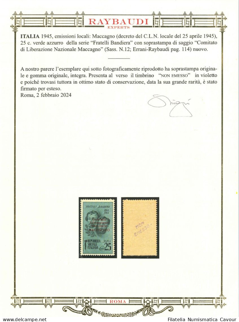 EMISSIONI CLN MACCAGNO - 1945 ** (Catalogo Sassone N.° 12/14)  RRRRRARITA' LEGGI - National Liberation Committee (CLN)