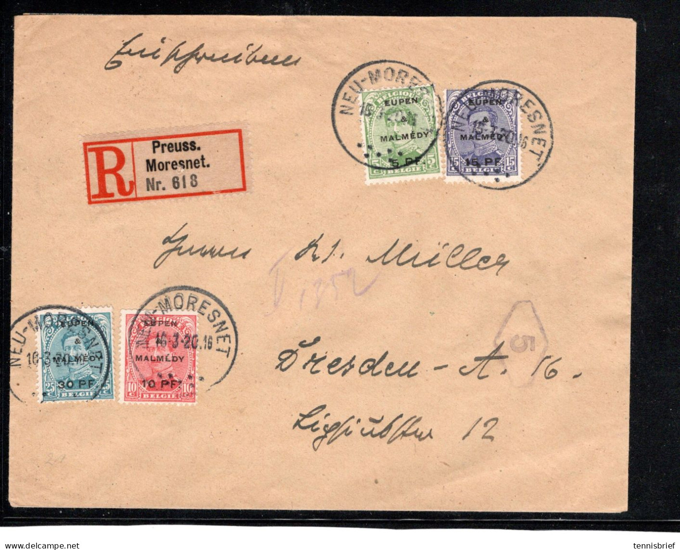 1920 , 5, 10 ,15, 30 Pfg. Aufdruck, Seltener Stp. " NEU-MORESNET -15.3.20 " Portogerecht, Reko !! #1714 - OC55/105 Eupen & Malmédy